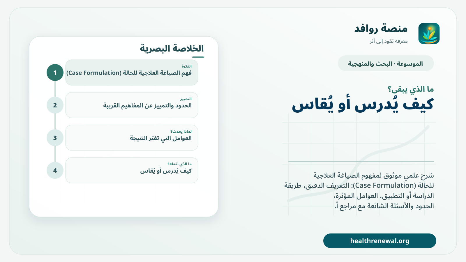 مخطط ختامي من منصة روافد يلخص «الصياغة العلاجية للحالة (Case Formulation)» ويعرض أهم المحاور والخطوات التالية