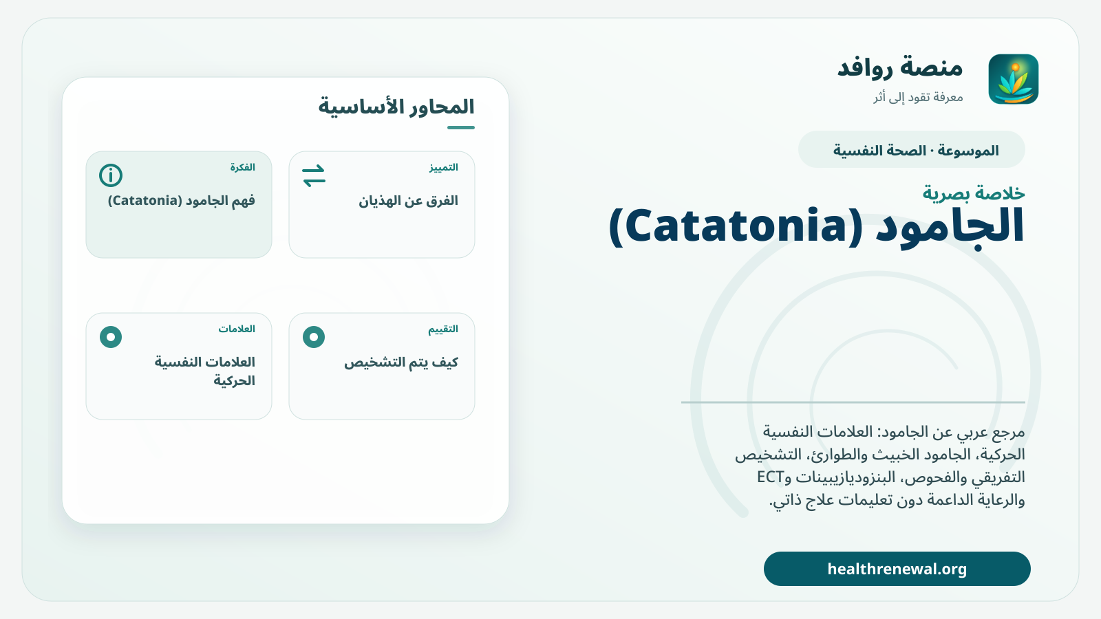 صورة بارزة من منصة روافد تلخص «الجامود (Catatonia): العلامات والتشخيص والطوارئ والعلاج» بصريًا وفق محاور الصفحة الأساسية