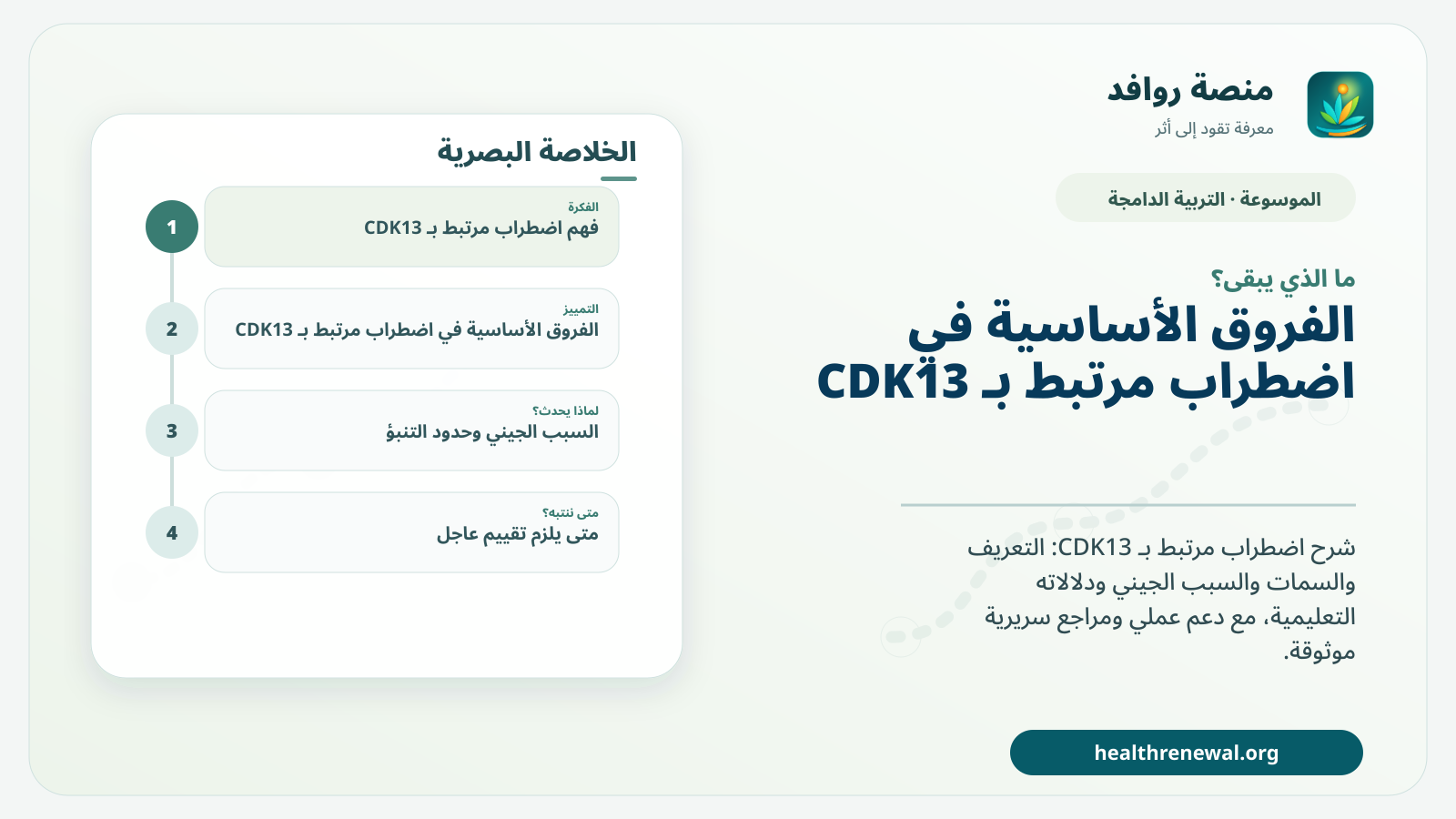 مخطط ختامي من منصة روافد يلخص «اضطراب مرتبط بـ CDK13» ويعرض أهم المحاور والخطوات التالية