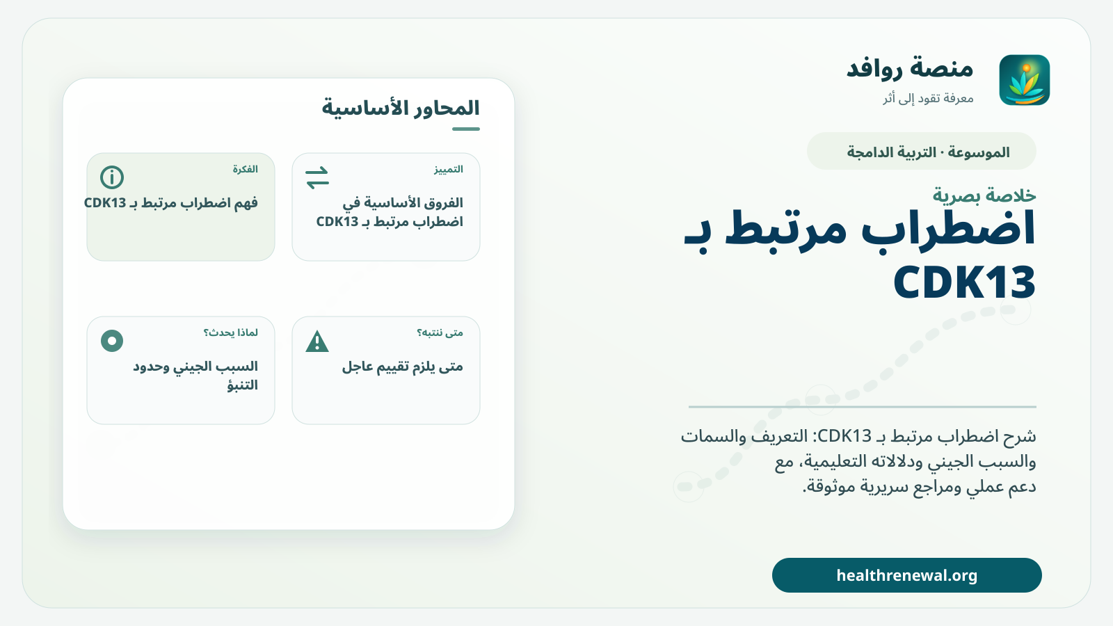 صورة بارزة من منصة روافد تلخص «اضطراب مرتبط بـ CDK13» بصريًا وفق محاور الصفحة الأساسية