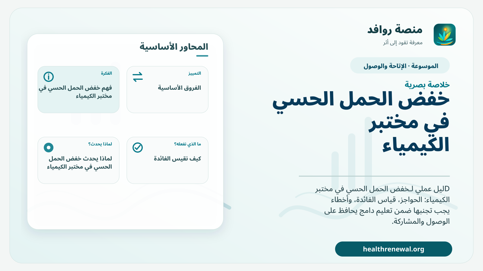 صورة بارزة من منصة روافد تلخص «خفض الحمل الحسي في مختبر الكيمياء» بصريًا وفق محاور الصفحة الأساسية