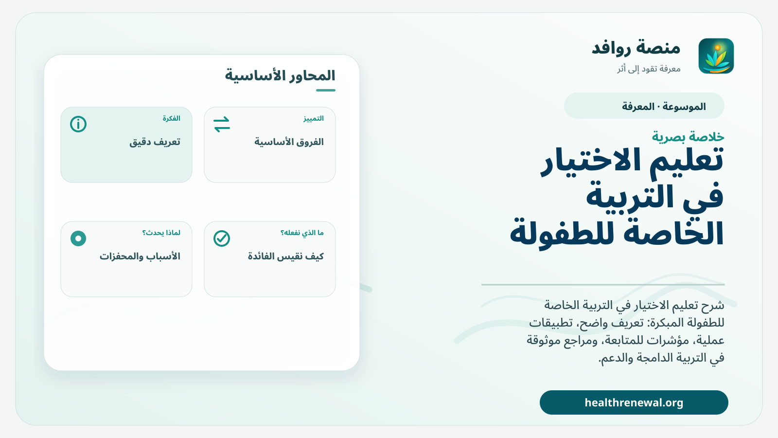 صورة بارزة من منصة روافد تلخص «تعليم الاختيار في التربية الخاصة للطفولة المبكرة» بصريًا وفق محاور الصفحة الأساسية