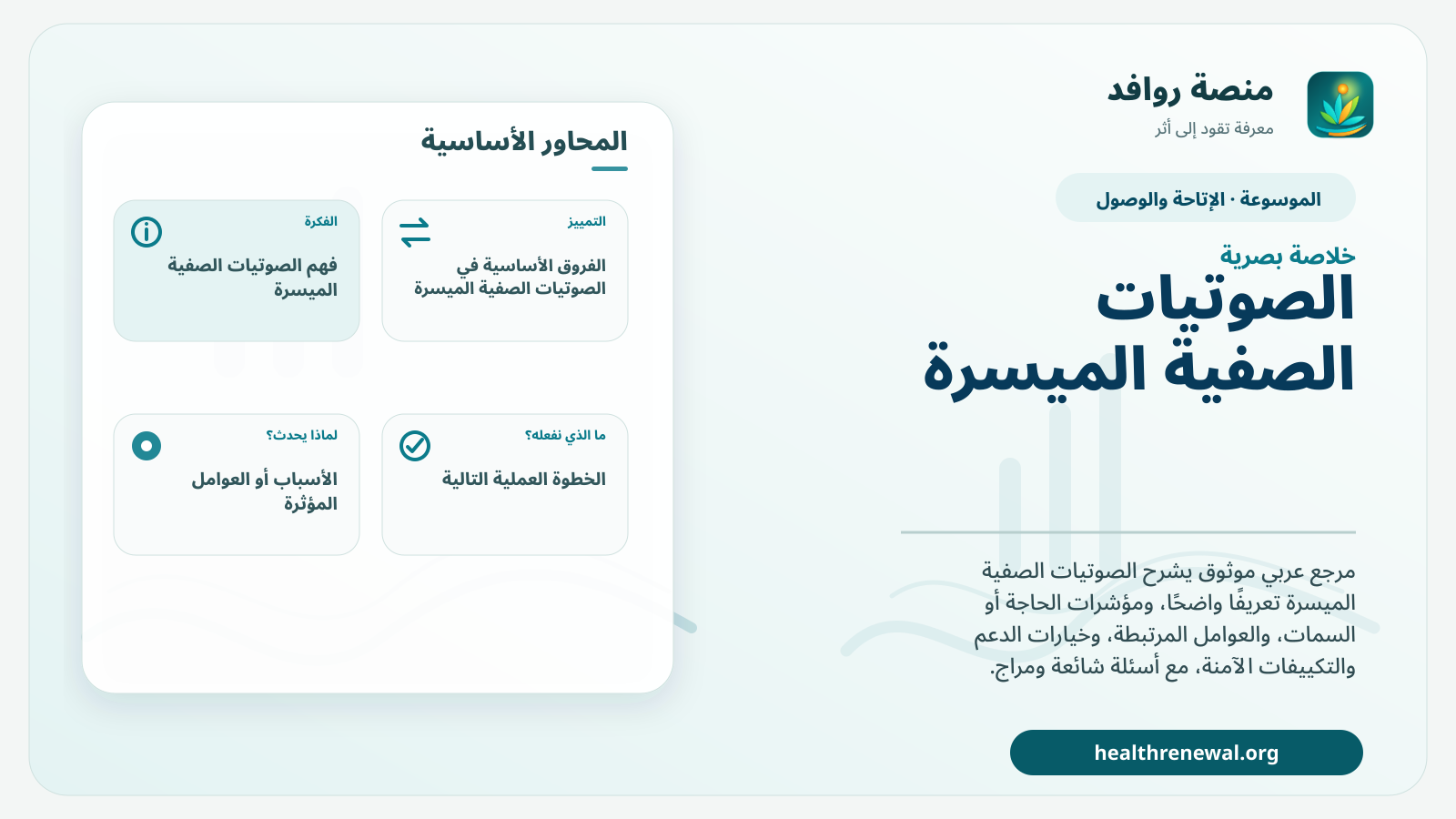 صورة بارزة من منصة روافد تلخص «الصوتيات الصفية الميسرة» بصريًا وفق محاور الصفحة الأساسية