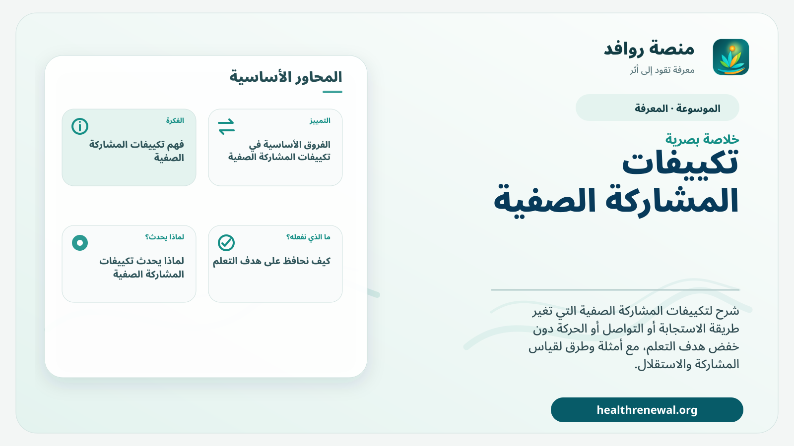 صورة بارزة من منصة روافد تلخص «تكييفات المشاركة الصفية» بصريًا وفق محاور الصفحة الأساسية