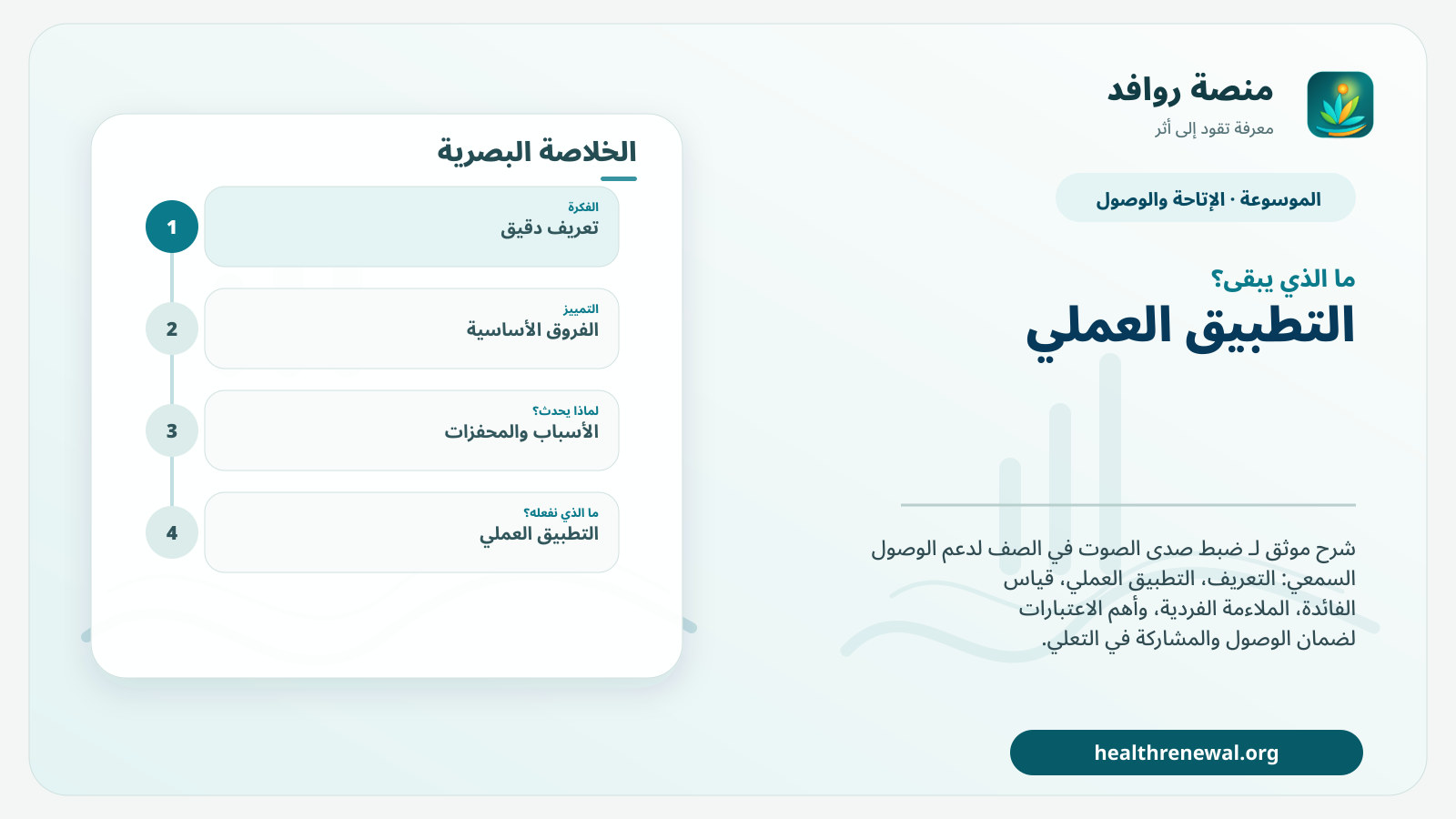 مخطط ختامي من منصة روافد يلخص «ضبط صدى الصوت في الصف لدعم الوصول السمعي» ويعرض أهم المحاور والخطوات التالية