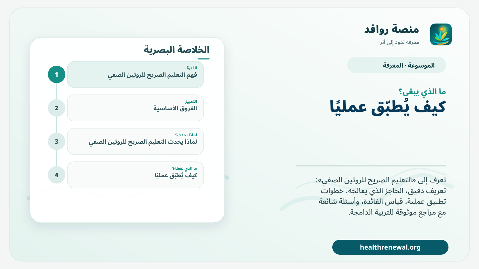 مخطط ختامي من منصة روافد يلخص «التعليم الصريح للروتين الصفي» ويعرض أهم المحاور والخطوات التالية