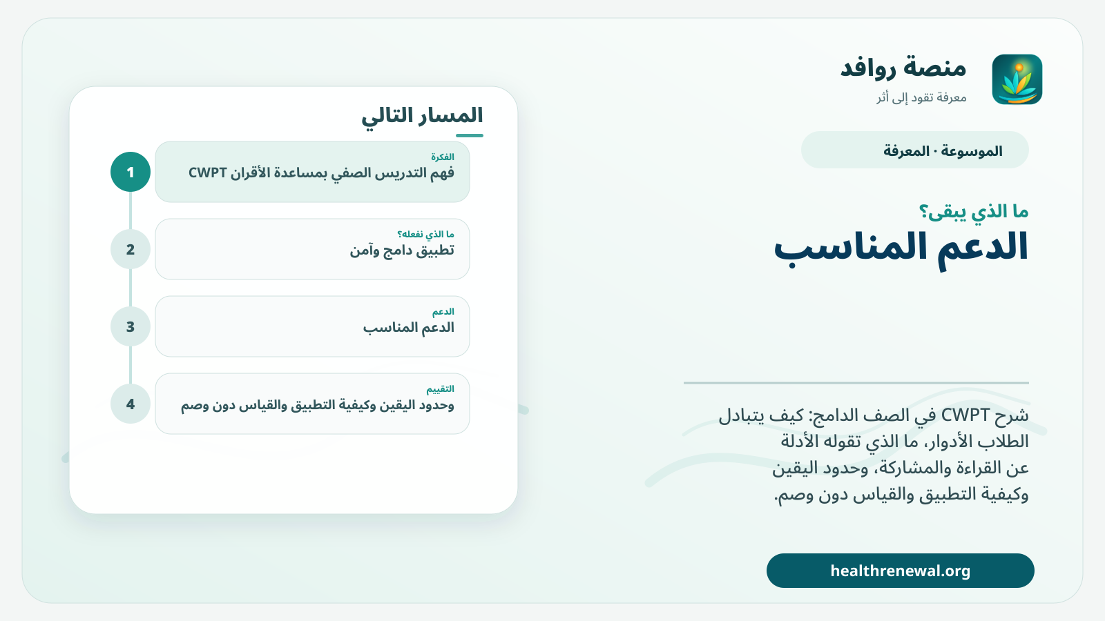 مخطط ختامي من منصة روافد يلخص «التدريس الصفي بمساعدة الأقران CWPT» ويعرض أهم المحاور والخطوات التالية