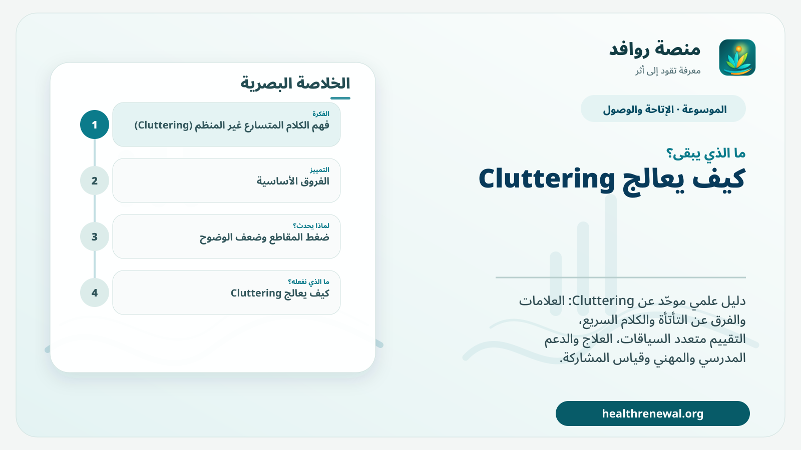 مخطط ختامي من منصة روافد يلخص «الكلام المتسارع غير المنظم (Cluttering): العلامات والتقييم والتدخل» ويعرض أهم المحاور والخطوات التالية