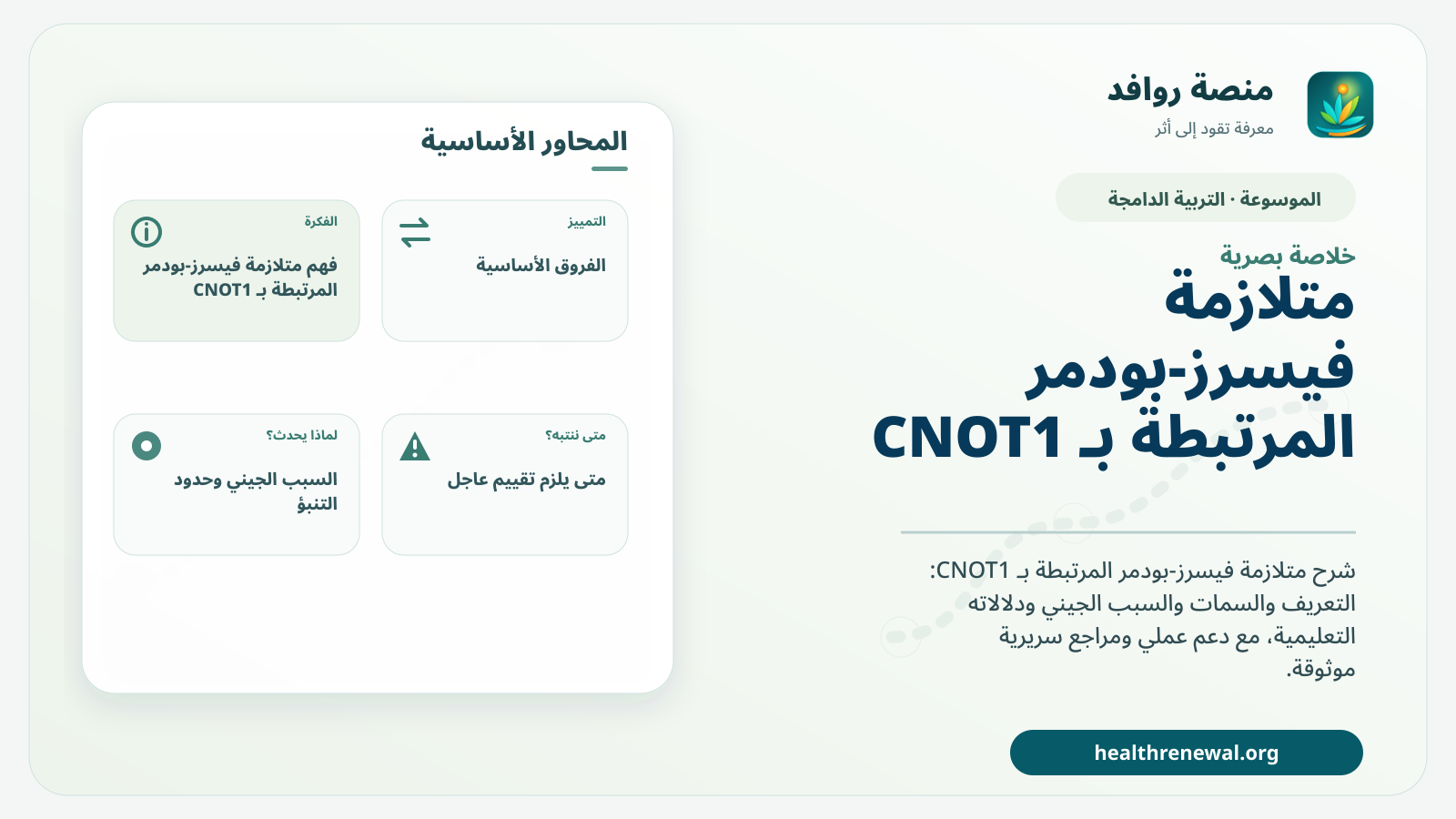 صورة بارزة من منصة روافد تلخص «متلازمة فيسرز-بودمر المرتبطة بـ CNOT1» بصريًا وفق محاور الصفحة الأساسية