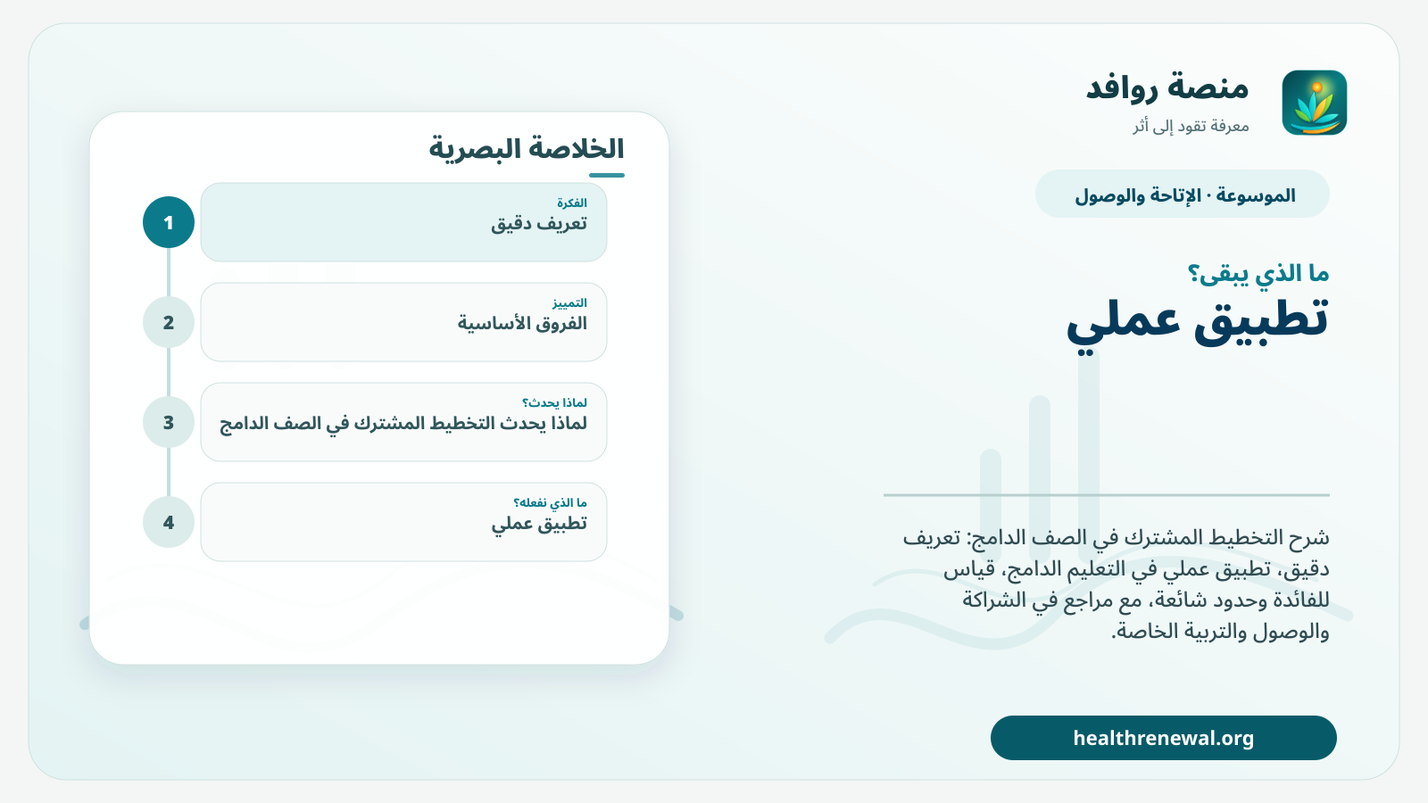 مخطط ختامي من منصة روافد يلخص «التخطيط المشترك في الصف الدامج» ويعرض أهم المحاور والخطوات التالية