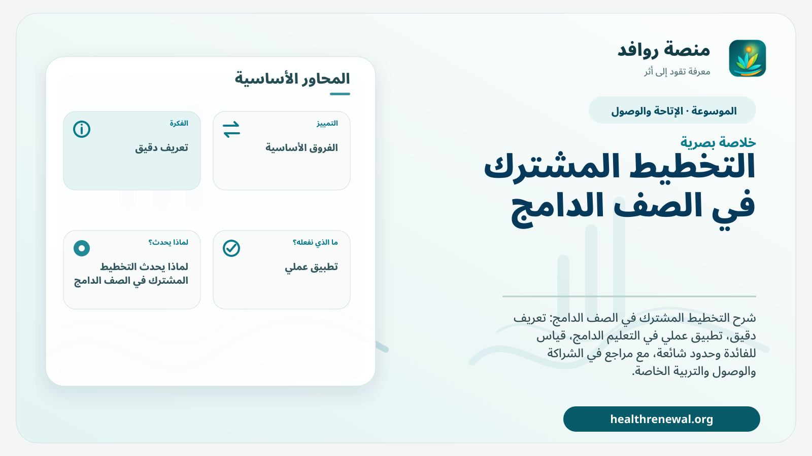 صورة بارزة من منصة روافد تلخص «التخطيط المشترك في الصف الدامج» بصريًا وفق محاور الصفحة الأساسية