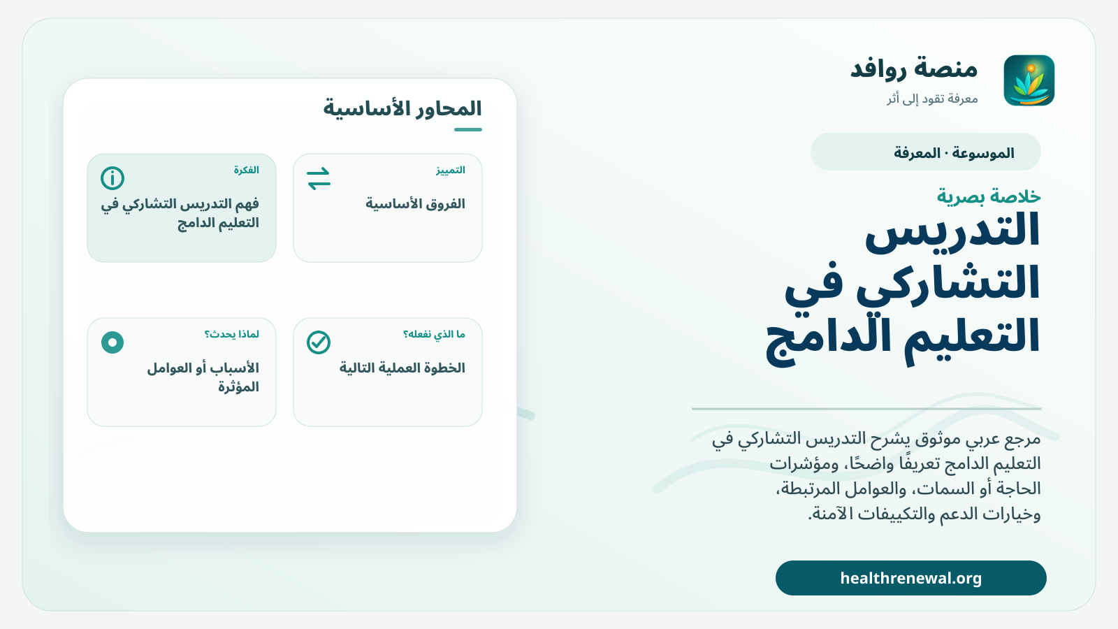 صورة بارزة من منصة روافد تلخص «التدريس التشاركي في التعليم الدامج» بصريًا وفق محاور الصفحة الأساسية