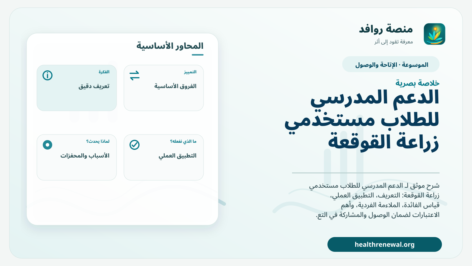 صورة بارزة من منصة روافد تلخص «الدعم المدرسي للطلاب مستخدمي زراعة القوقعة» بصريًا وفق محاور الصفحة الأساسية