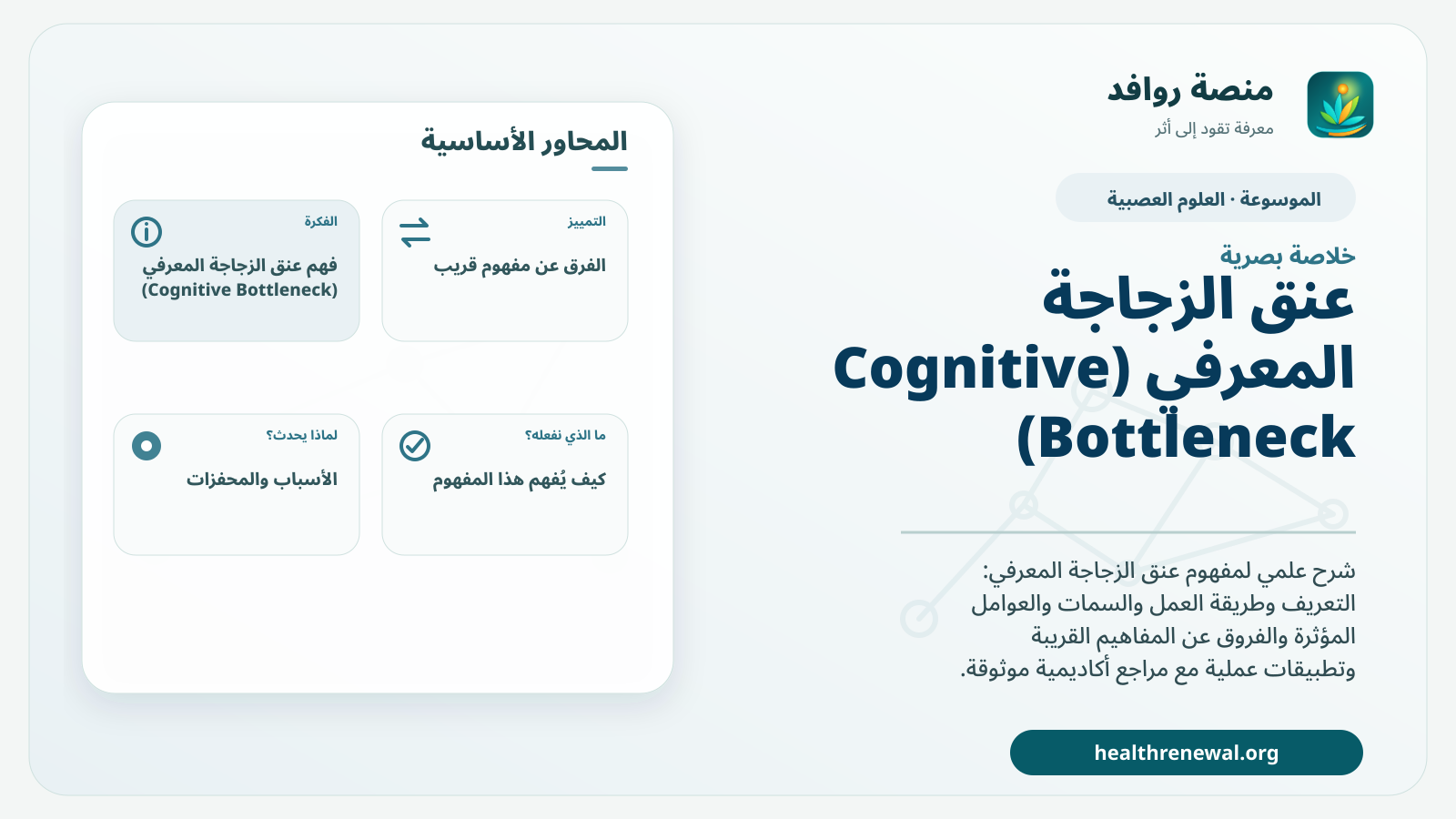 صورة بارزة من منصة روافد تلخص «عنق الزجاجة المعرفي (Cognitive Bottleneck)» بصريًا وفق محاور الصفحة الأساسية