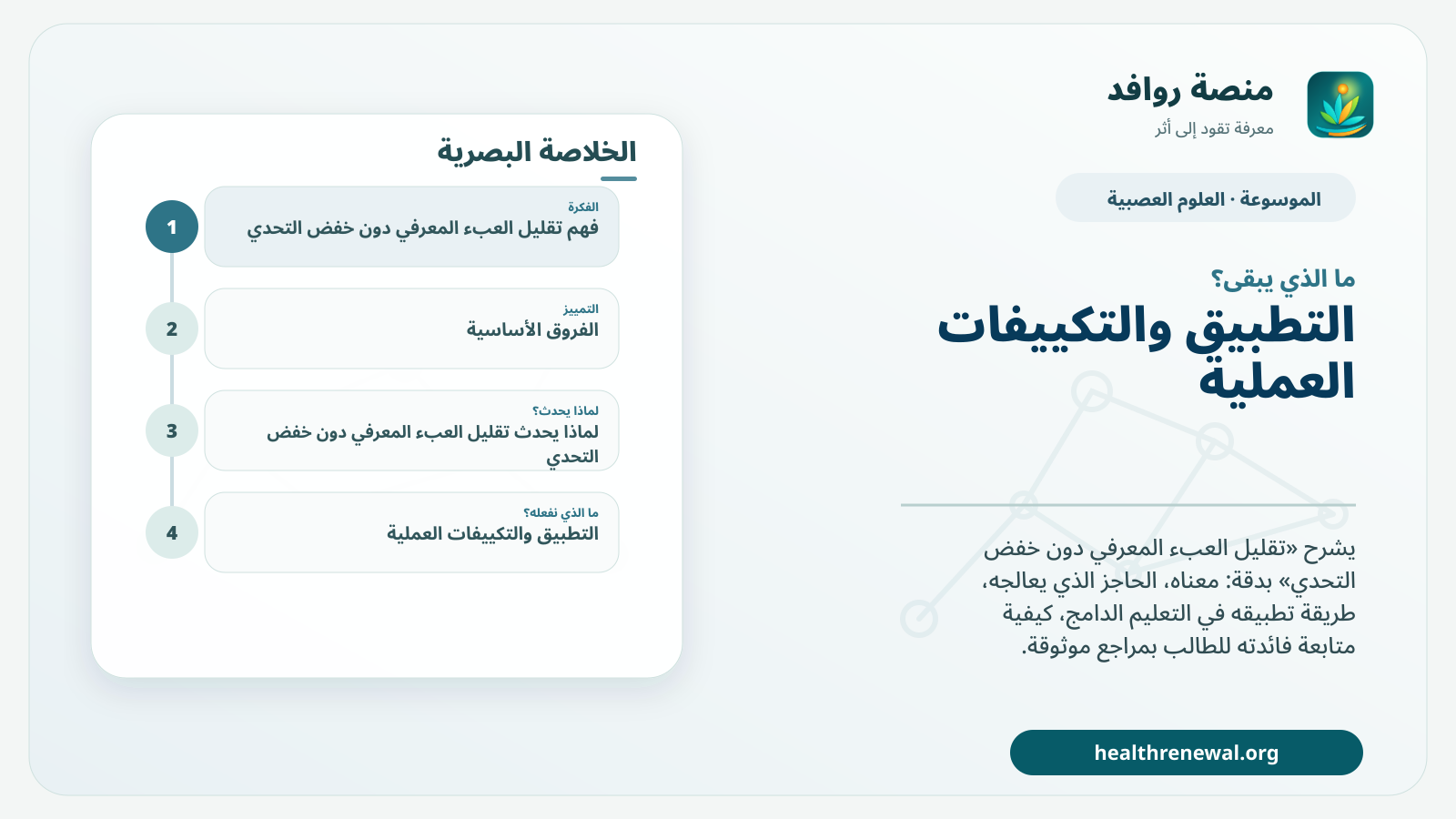 مخطط ختامي من منصة روافد يلخص «تقليل العبء المعرفي دون خفض التحدي» ويعرض أهم المحاور والخطوات التالية