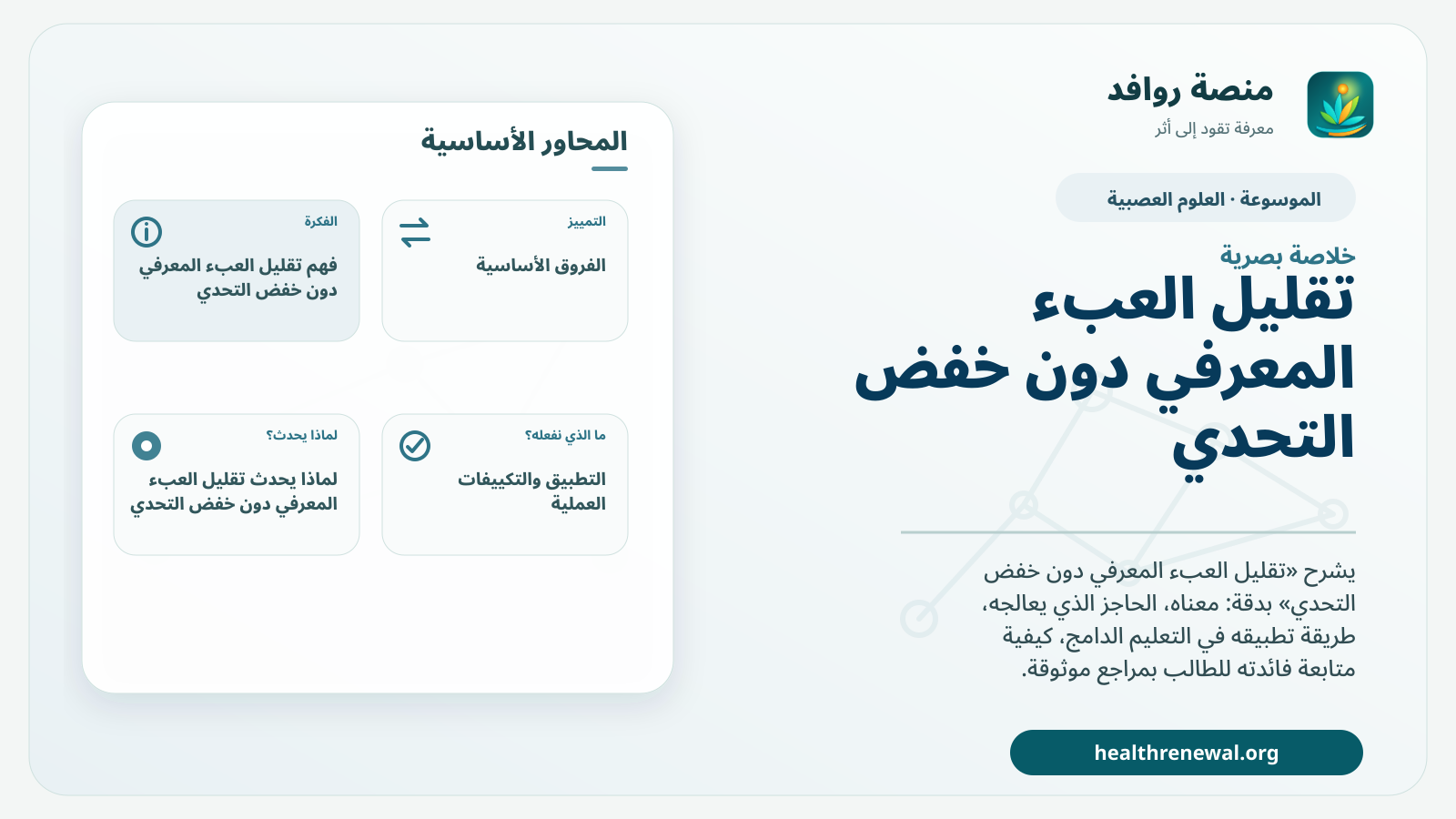 صورة بارزة من منصة روافد تلخص «تقليل العبء المعرفي دون خفض التحدي» بصريًا وفق محاور الصفحة الأساسية