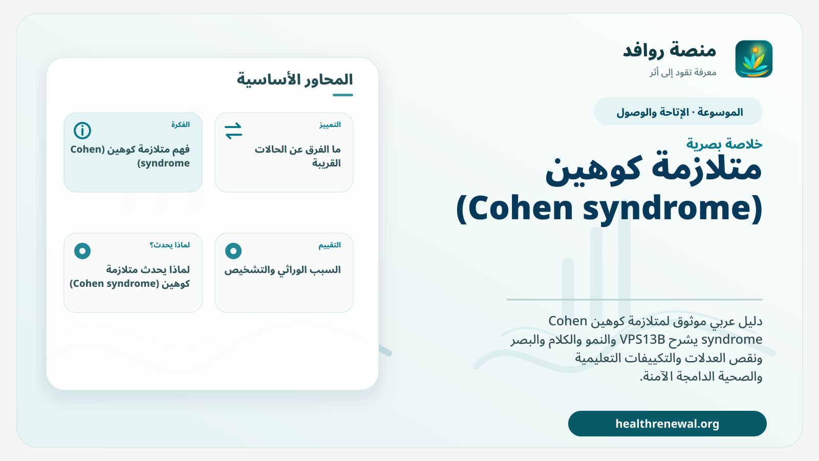 صورة بارزة من منصة روافد تلخص «متلازمة كوهين (Cohen syndrome)» بصريًا وفق محاور الصفحة الأساسية