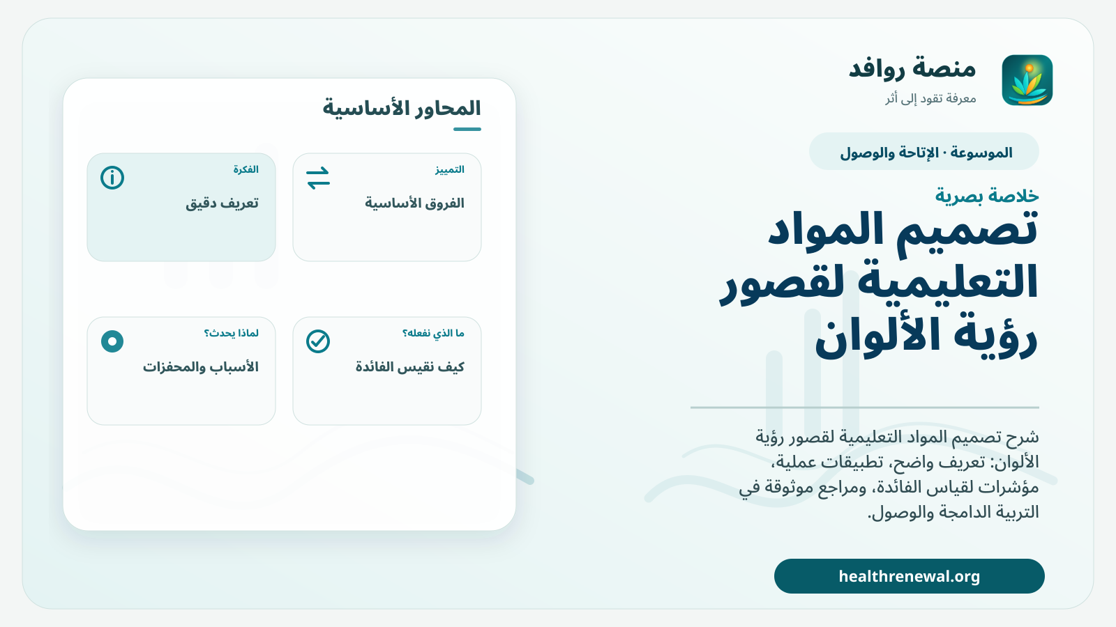 صورة بارزة من منصة روافد تلخص «تصميم المواد التعليمية لقصور رؤية الألوان» بصريًا وفق محاور الصفحة الأساسية