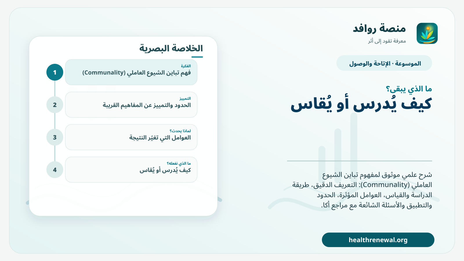 مخطط ختامي من منصة روافد يلخص «تباين الشيوع العاملي (Communality)» ويعرض أهم المحاور والخطوات التالية
