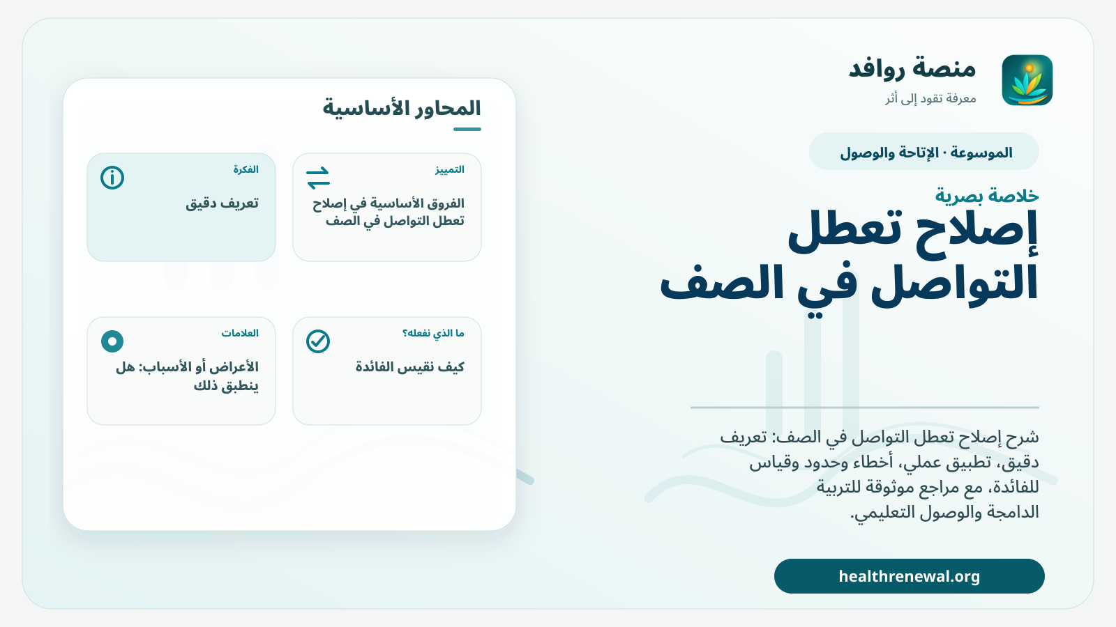 صورة بارزة من منصة روافد تلخص «إصلاح تعطل التواصل في الصف» بصريًا وفق محاور الصفحة الأساسية