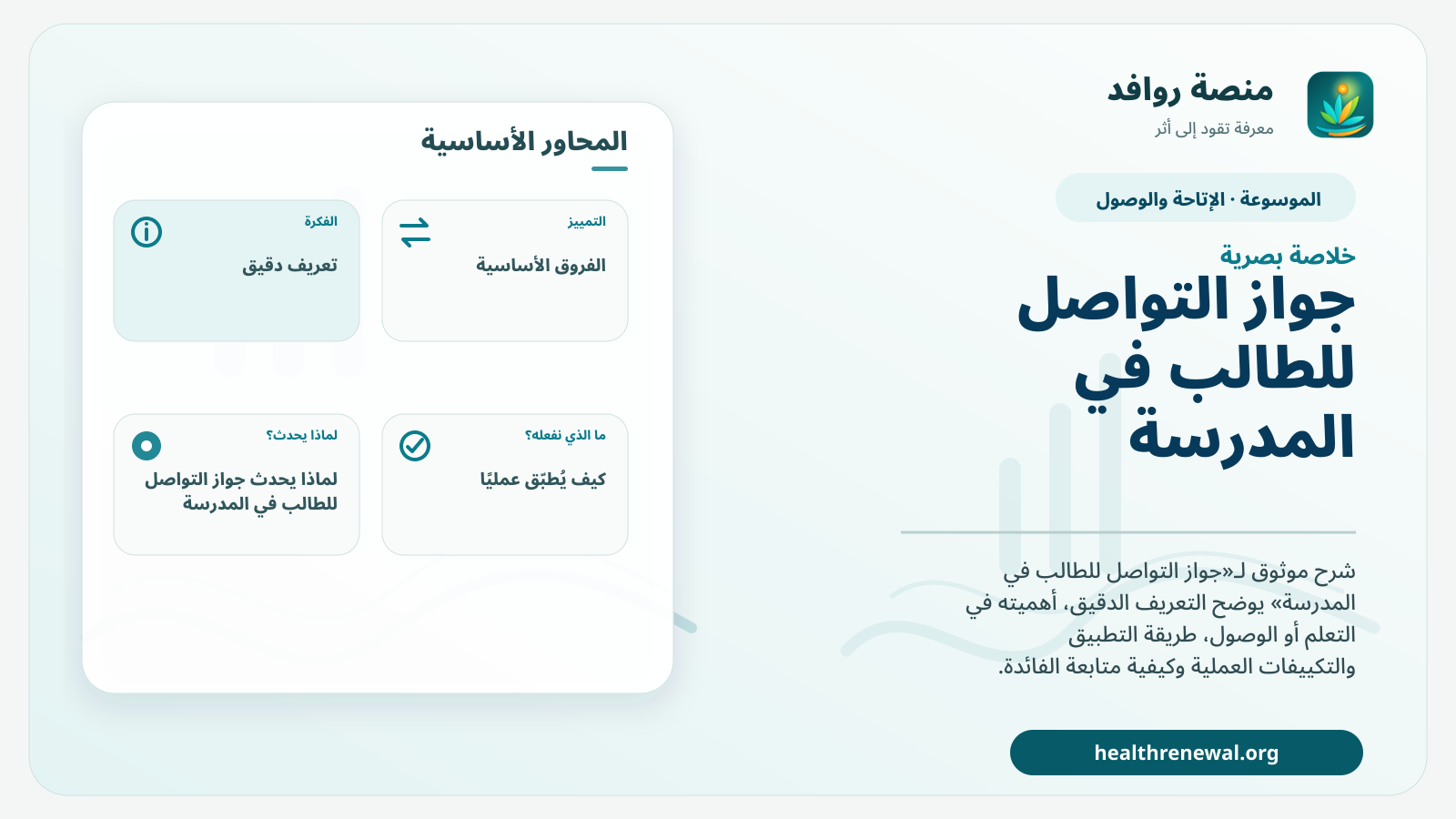 صورة بارزة من منصة روافد تلخص «جواز التواصل للطالب في المدرسة» بصريًا وفق محاور الصفحة الأساسية