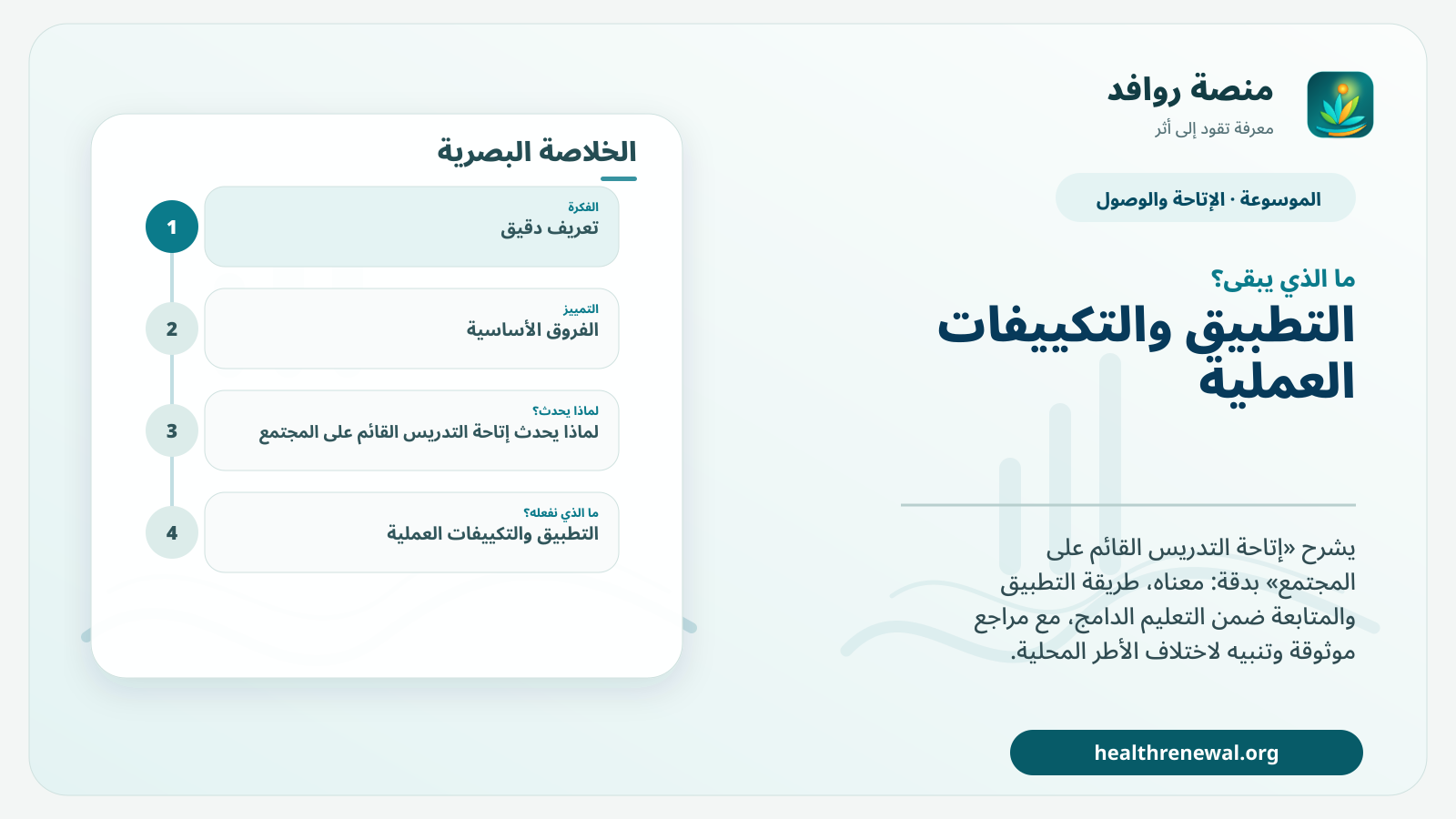مخطط ختامي من منصة روافد يلخص «إتاحة التدريس القائم على المجتمع» ويعرض أهم المحاور والخطوات التالية