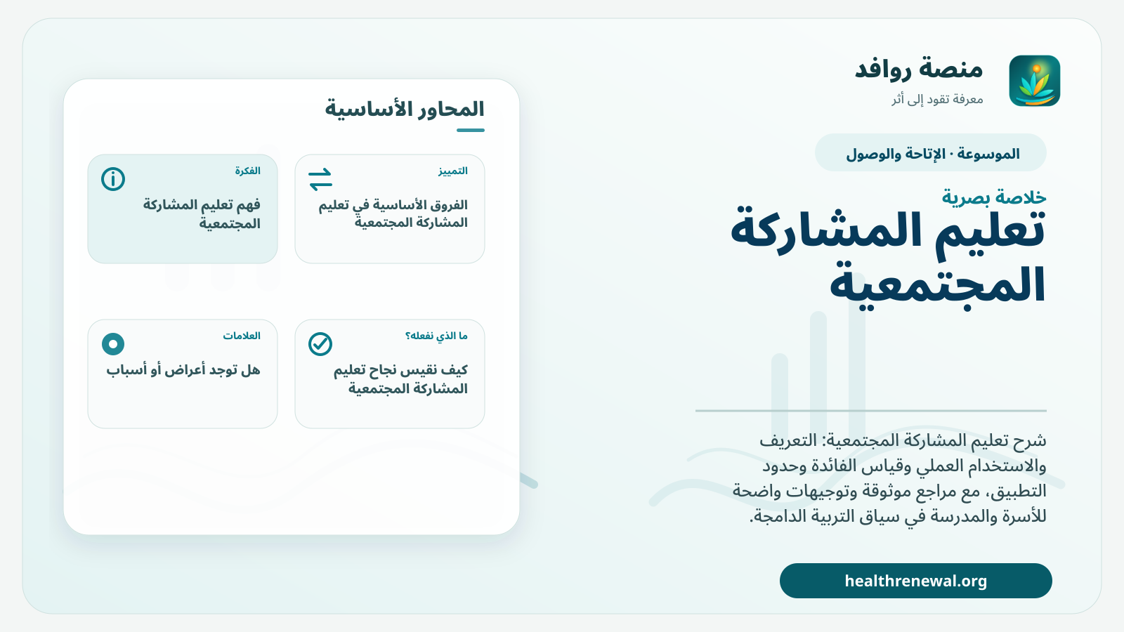 صورة بارزة من منصة روافد تلخص «تعليم المشاركة المجتمعية» بصريًا وفق محاور الصفحة الأساسية