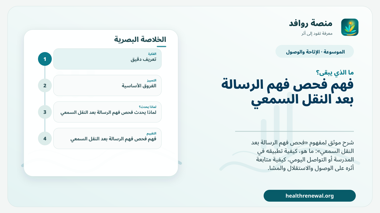 مخطط ختامي من منصة روافد يلخص «فحص فهم الرسالة بعد النقل السمعي» ويعرض أهم المحاور والخطوات التالية