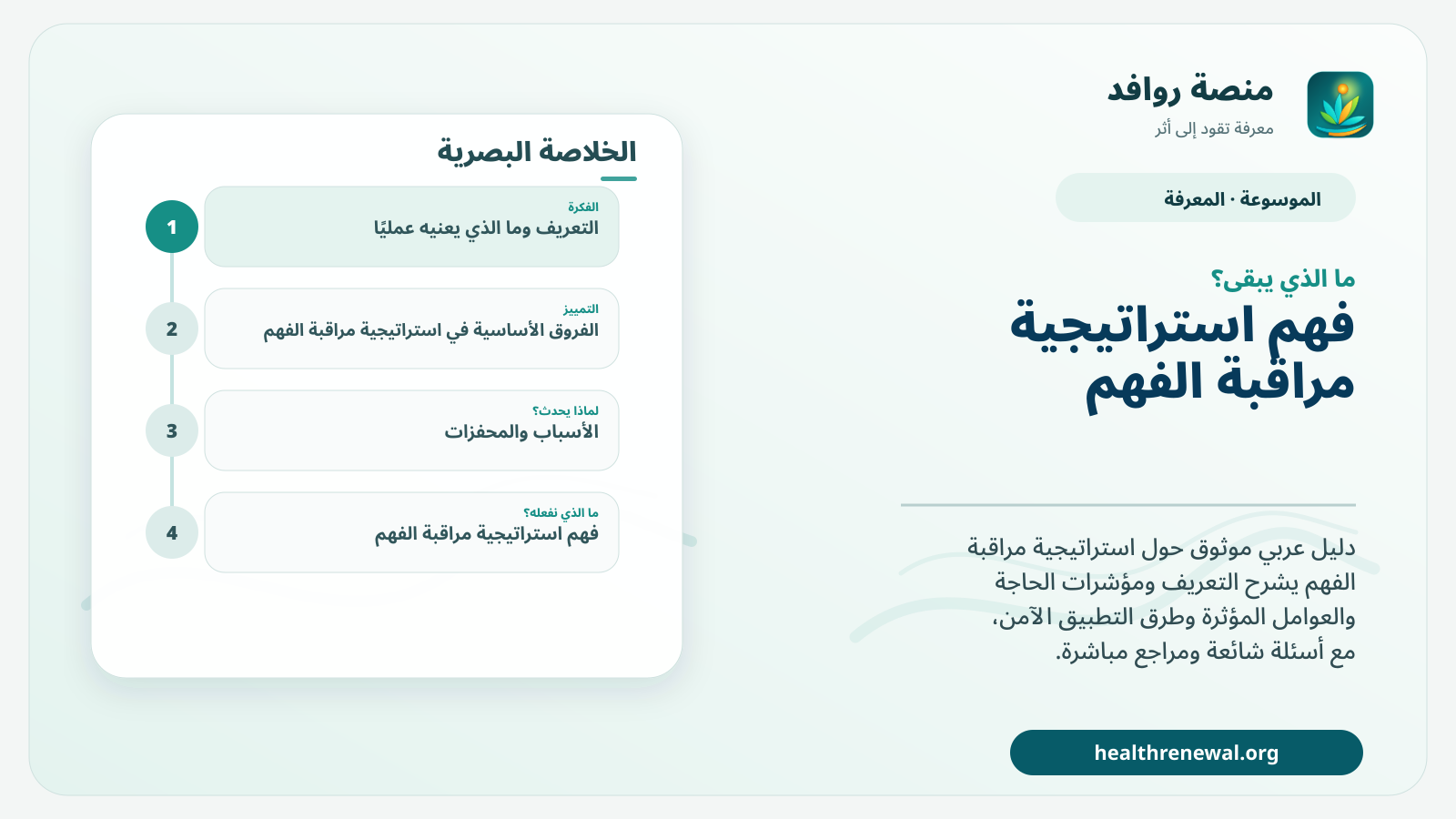 مخطط ختامي من منصة روافد يلخص «استراتيجية مراقبة الفهم» ويعرض أهم المحاور والخطوات التالية