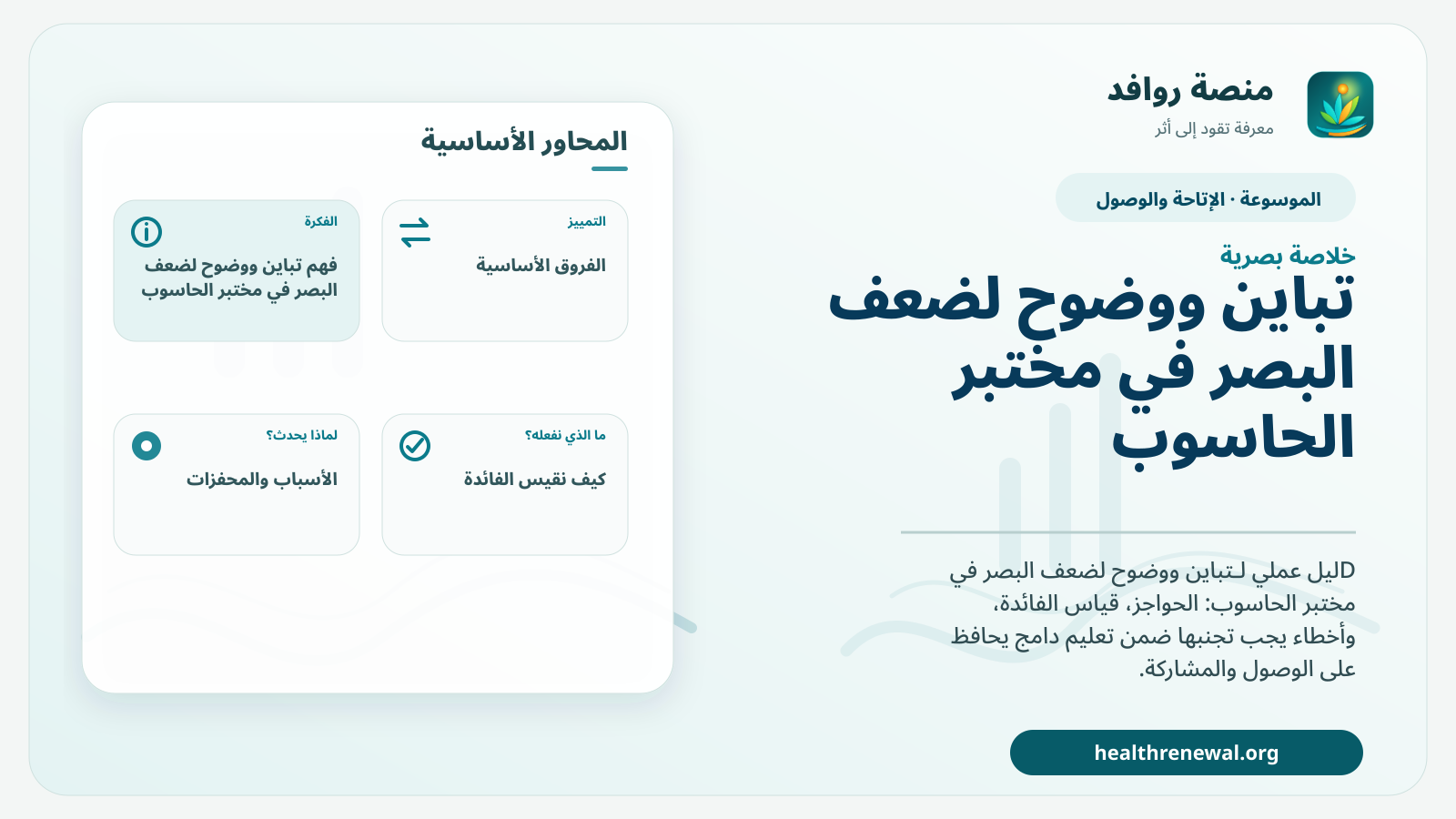 صورة بارزة من منصة روافد تلخص «تباين ووضوح لضعف البصر في مختبر الحاسوب» بصريًا وفق محاور الصفحة الأساسية