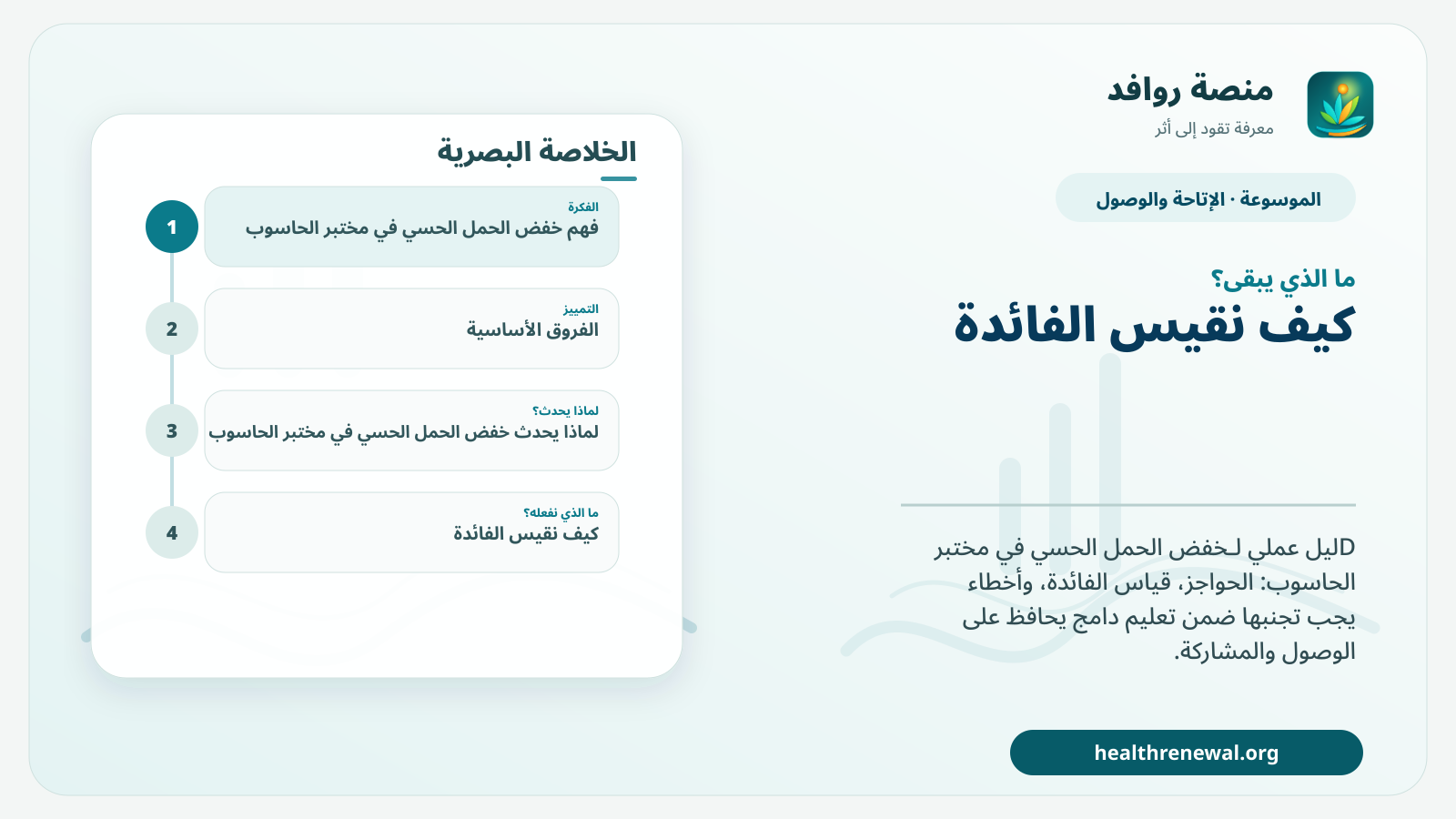 مخطط ختامي من منصة روافد يلخص «خفض الحمل الحسي في مختبر الحاسوب» ويعرض أهم المحاور والخطوات التالية