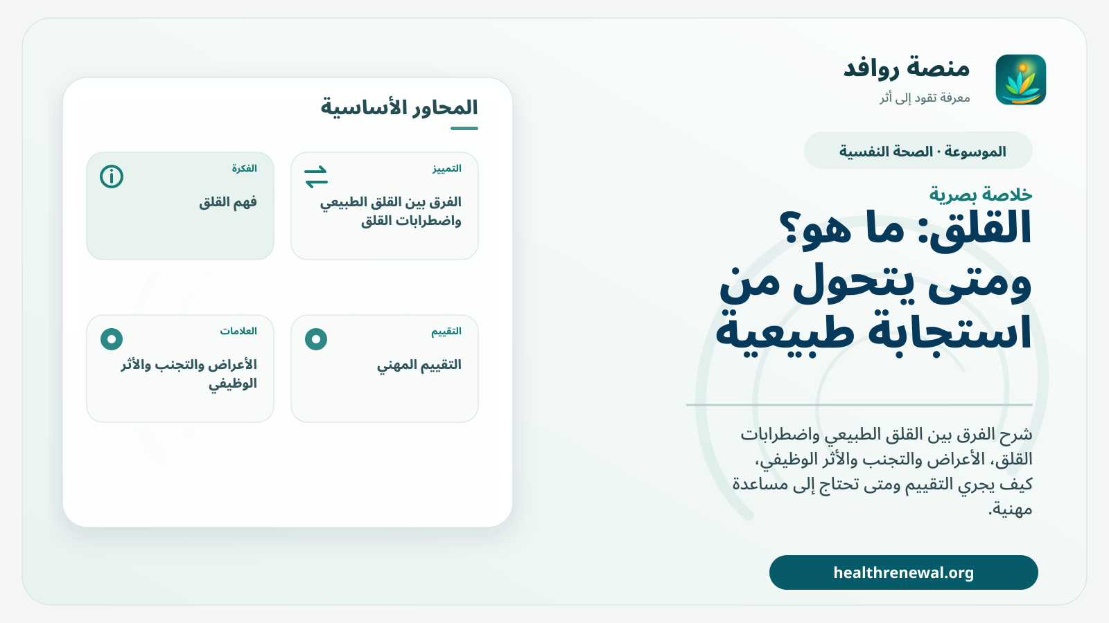 صورة بارزة من منصة روافد تلخص «القلق: ما هو؟ ومتى يتحول من استجابة طبيعية إلى مشكلة تحتاج تقييمًا؟» بصريًا وفق محاور الصفحة الأساسية