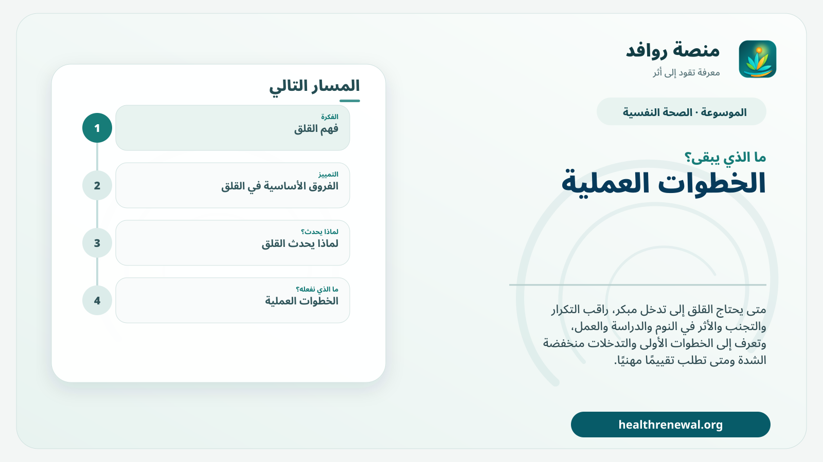 مخطط ختامي من منصة روافد يلخص «القلق: متى يفيد التدخل المبكر وما أول خطوة؟» ويعرض أهم المحاور والخطوات التالية
