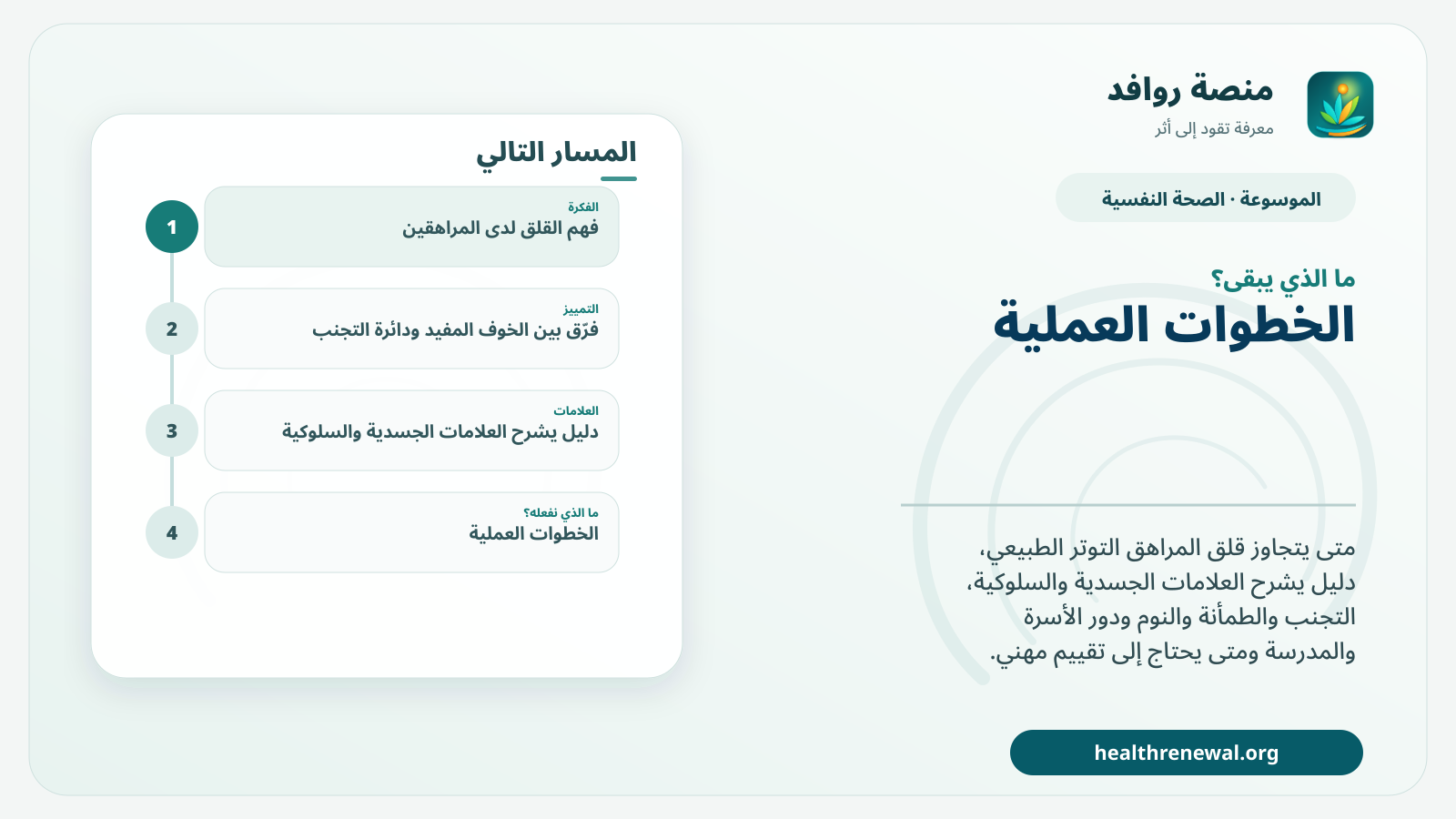 مخطط ختامي من منصة روافد يلخص «القلق لدى المراهقين: متى يتجاوز القلق الطبيعي ويحتاج دعمًا؟» ويعرض أهم المحاور والخطوات التالية