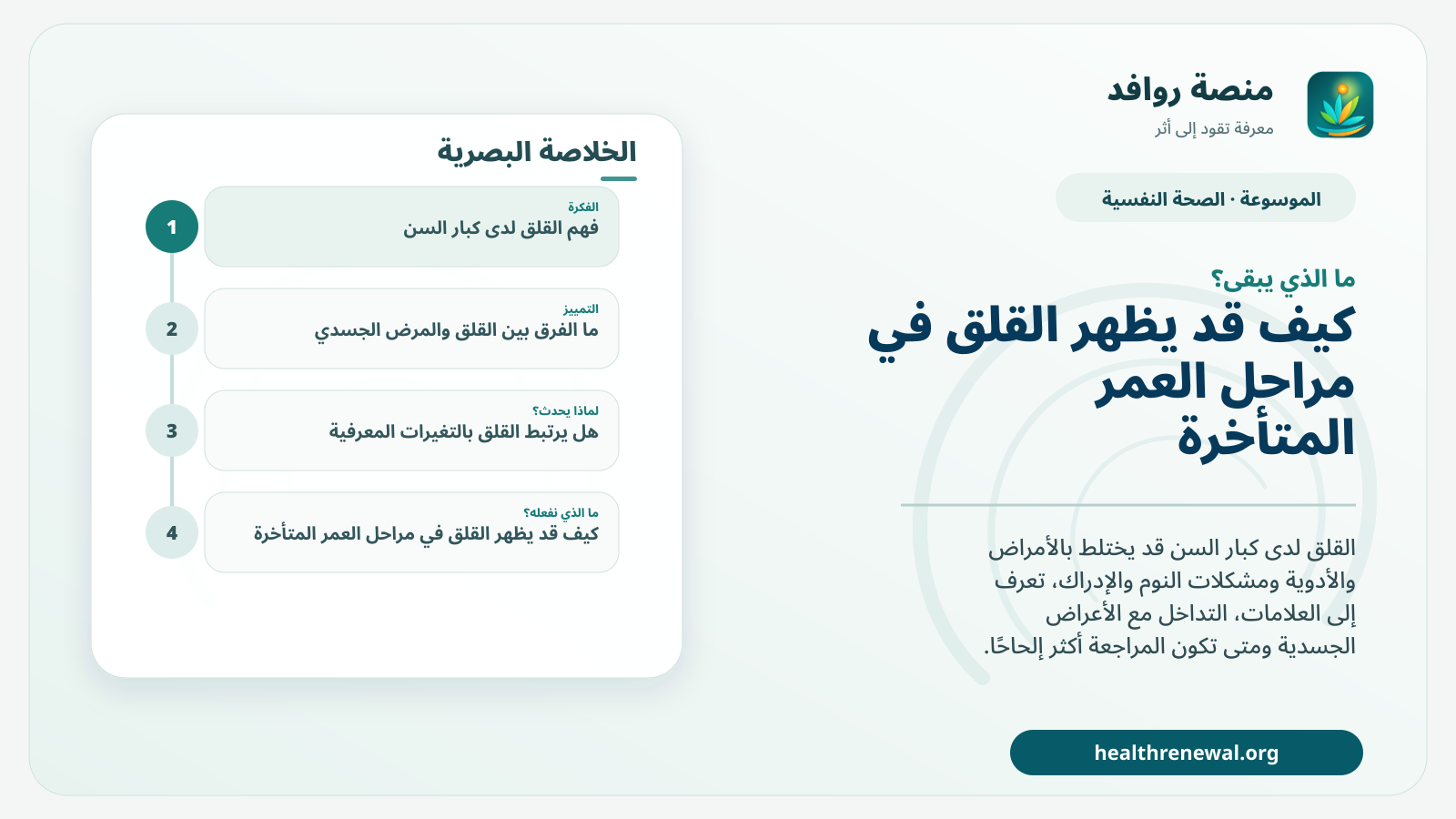 مخطط ختامي من منصة روافد يلخص «القلق لدى كبار السن: كيف نميزه عن المرض الجسدي والتغيرات المعرفية؟» ويعرض أهم المحاور والخطوات التالية