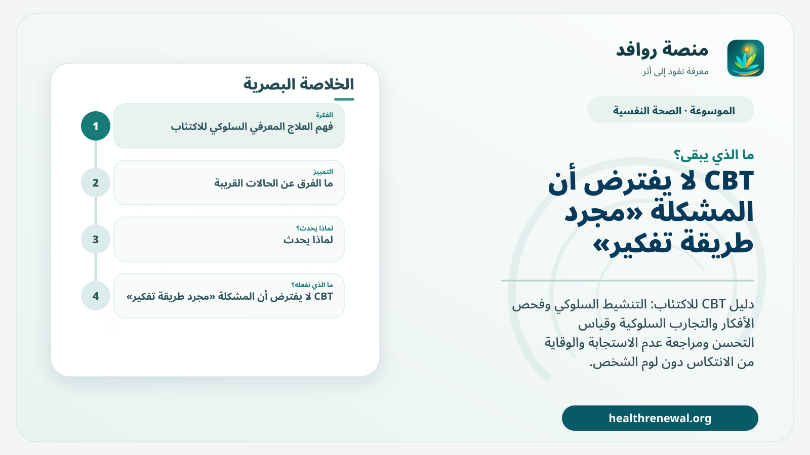مخطط ختامي من منصة روافد يلخص «العلاج المعرفي السلوكي للاكتئاب: من الجمود إلى التعافي» ويعرض أهم المحاور والخطوات التالية