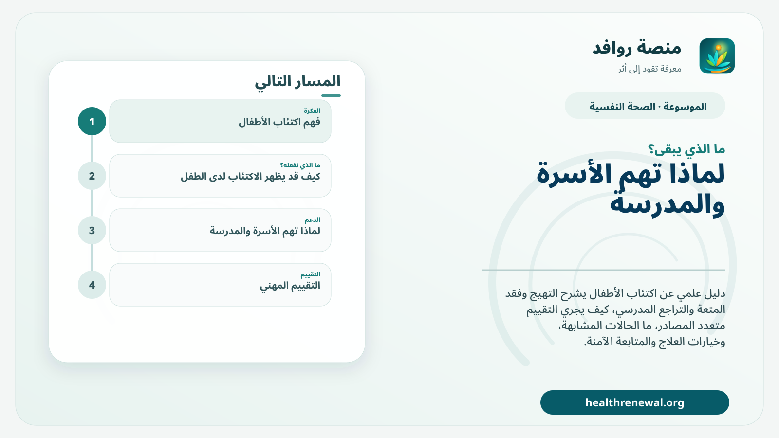 مخطط ختامي من منصة روافد يلخص «اكتئاب الأطفال: العلامات التي قد لا تبدو حزنًا وكيف يجري التقييم؟» ويعرض أهم المحاور والخطوات التالية