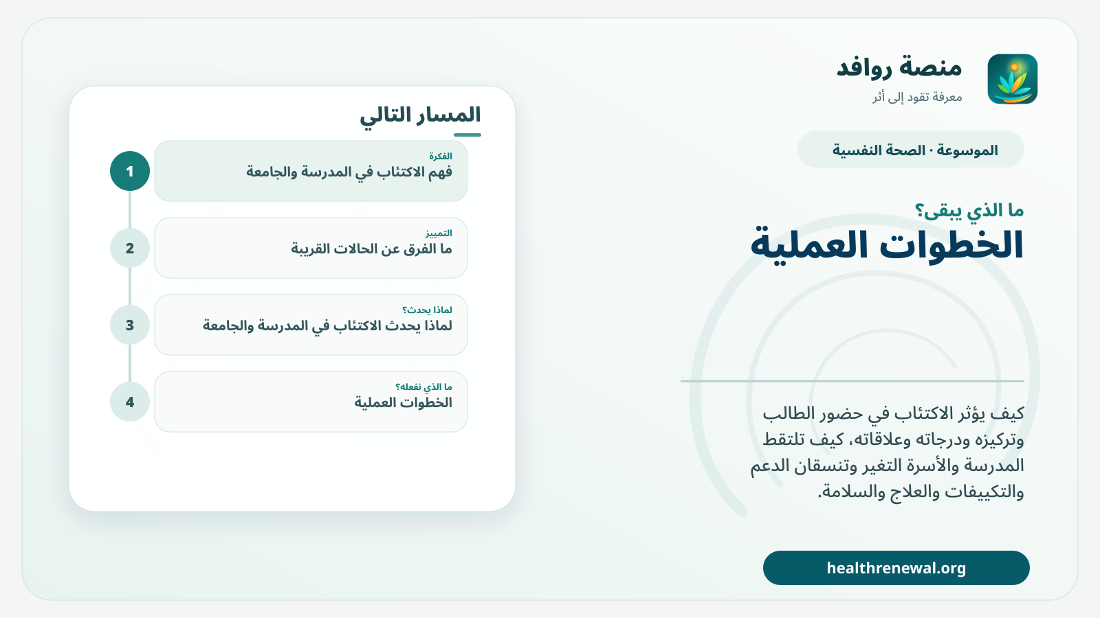 مخطط ختامي من منصة روافد يلخص «الاكتئاب في المدرسة والجامعة: الحضور والتركيز والدعم» ويعرض أهم المحاور والخطوات التالية