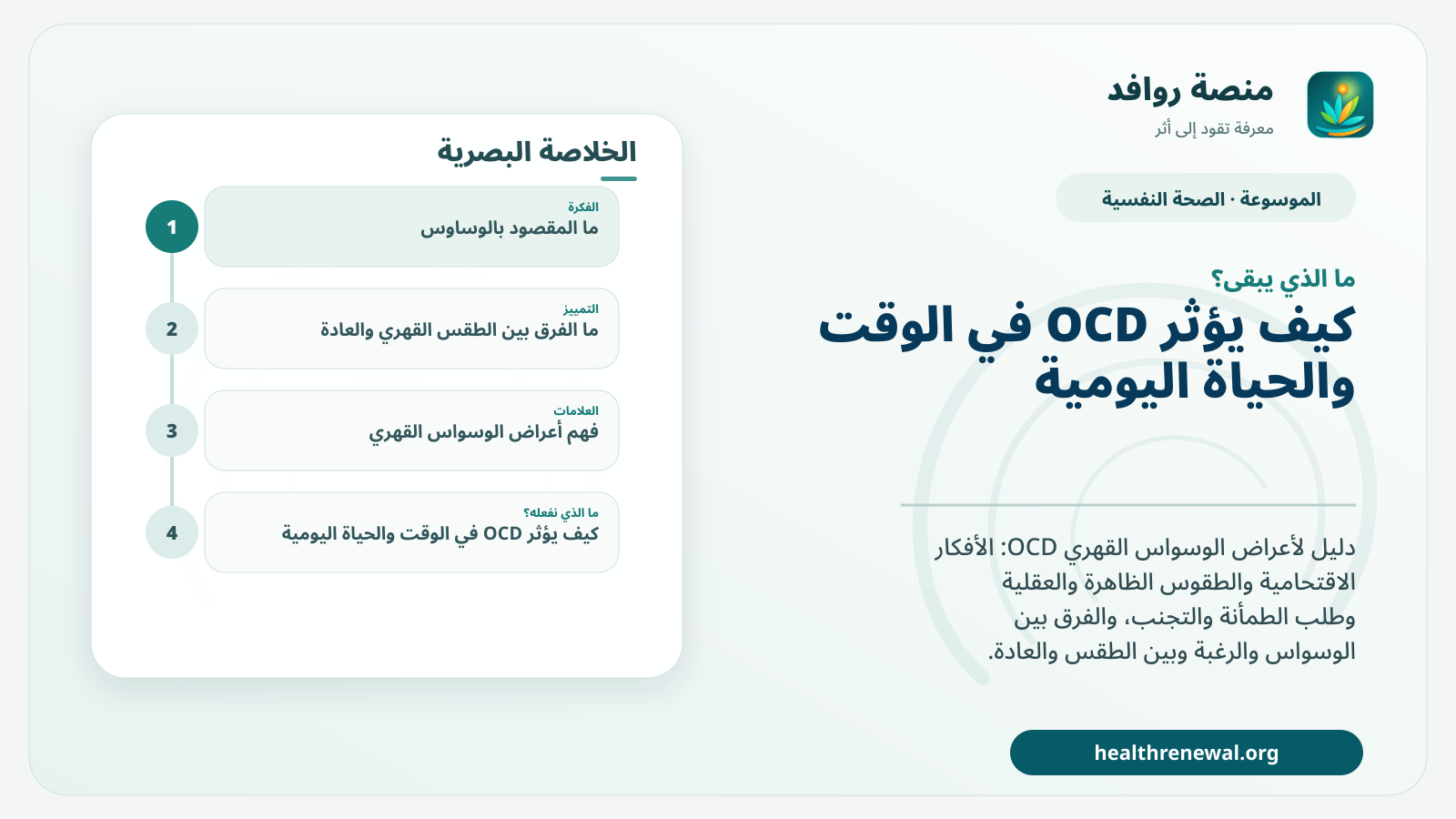 مخطط ختامي من منصة روافد يلخص «أعراض الوسواس القهري: الوساوس والطقوس الخفية والتجنب وطلب الطمأنة» ويعرض أهم المحاور والخطوات التالية