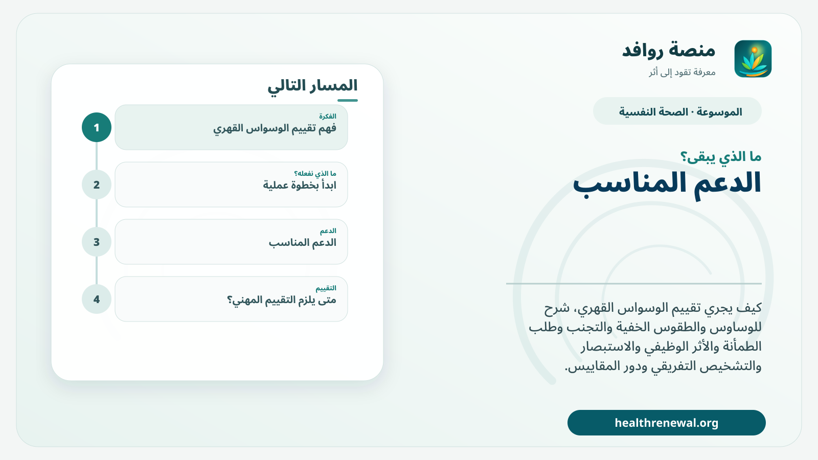 مخطط ختامي من منصة روافد يلخص «تقييم الوسواس القهري: كيف يجمع المختص الوساوس والطقوس والتجنب والطمأنة؟» ويعرض أهم المحاور والخطوات التالية