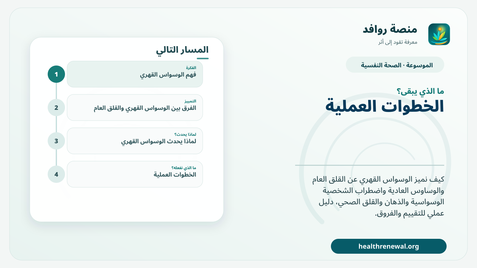 مخطط ختامي من منصة روافد يلخص «الوسواس القهري: كيف نميّزه عن القلق والوساوس العادية وحالات أخرى؟» ويعرض أهم المحاور والخطوات التالية