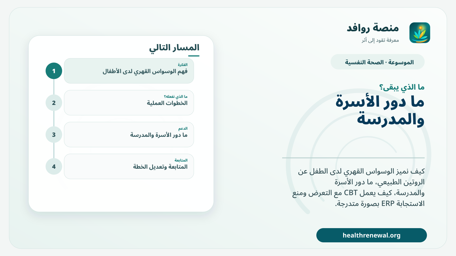 مخطط ختامي من منصة روافد يلخص «الوسواس القهري لدى الأطفال: كيف نميزه عن العادات والروتين؟» ويعرض أهم المحاور والخطوات التالية