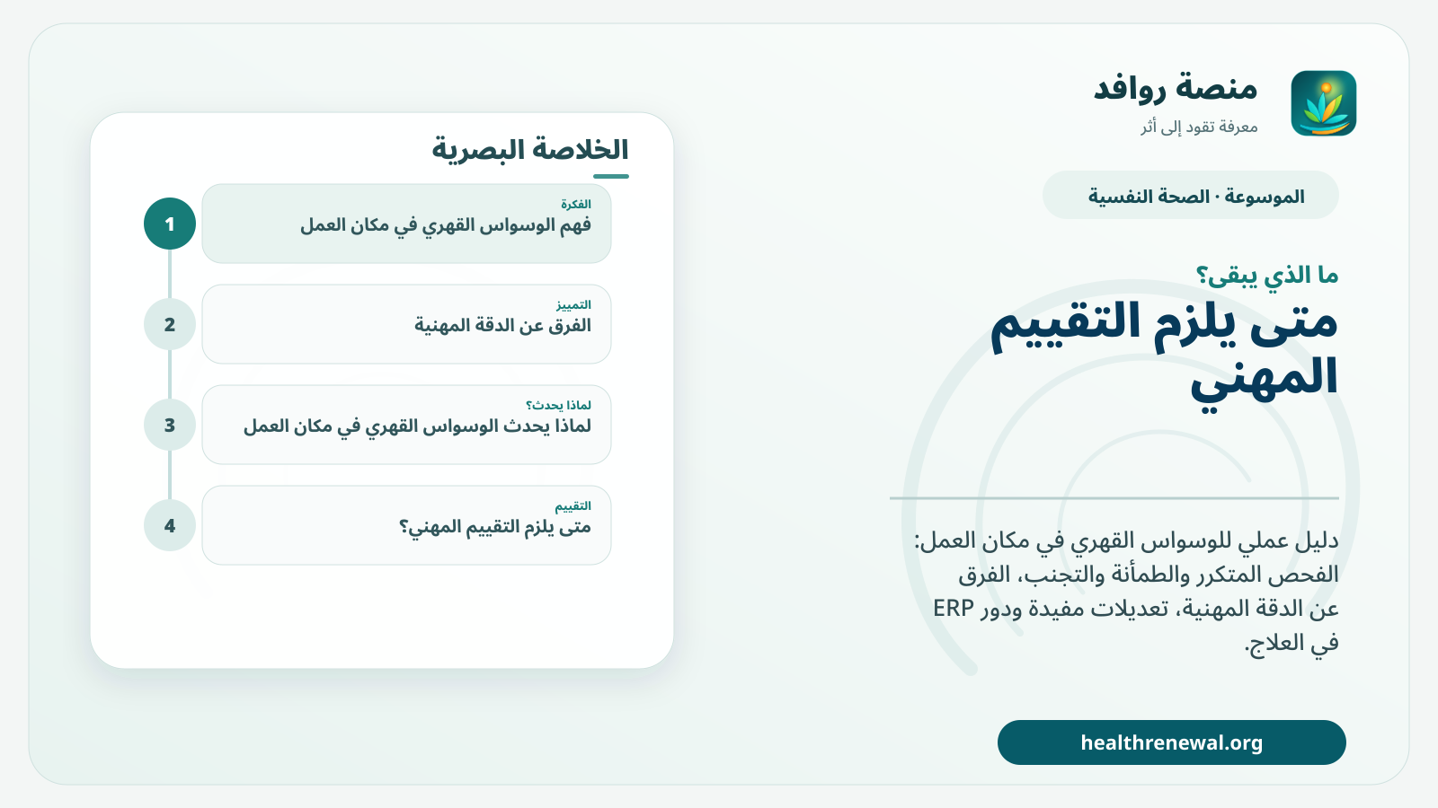 مخطط ختامي من منصة روافد يلخص «الوسواس القهري في مكان العمل: كيف يظهر وما التعديلات المفيدة؟» ويعرض أهم المحاور والخطوات التالية