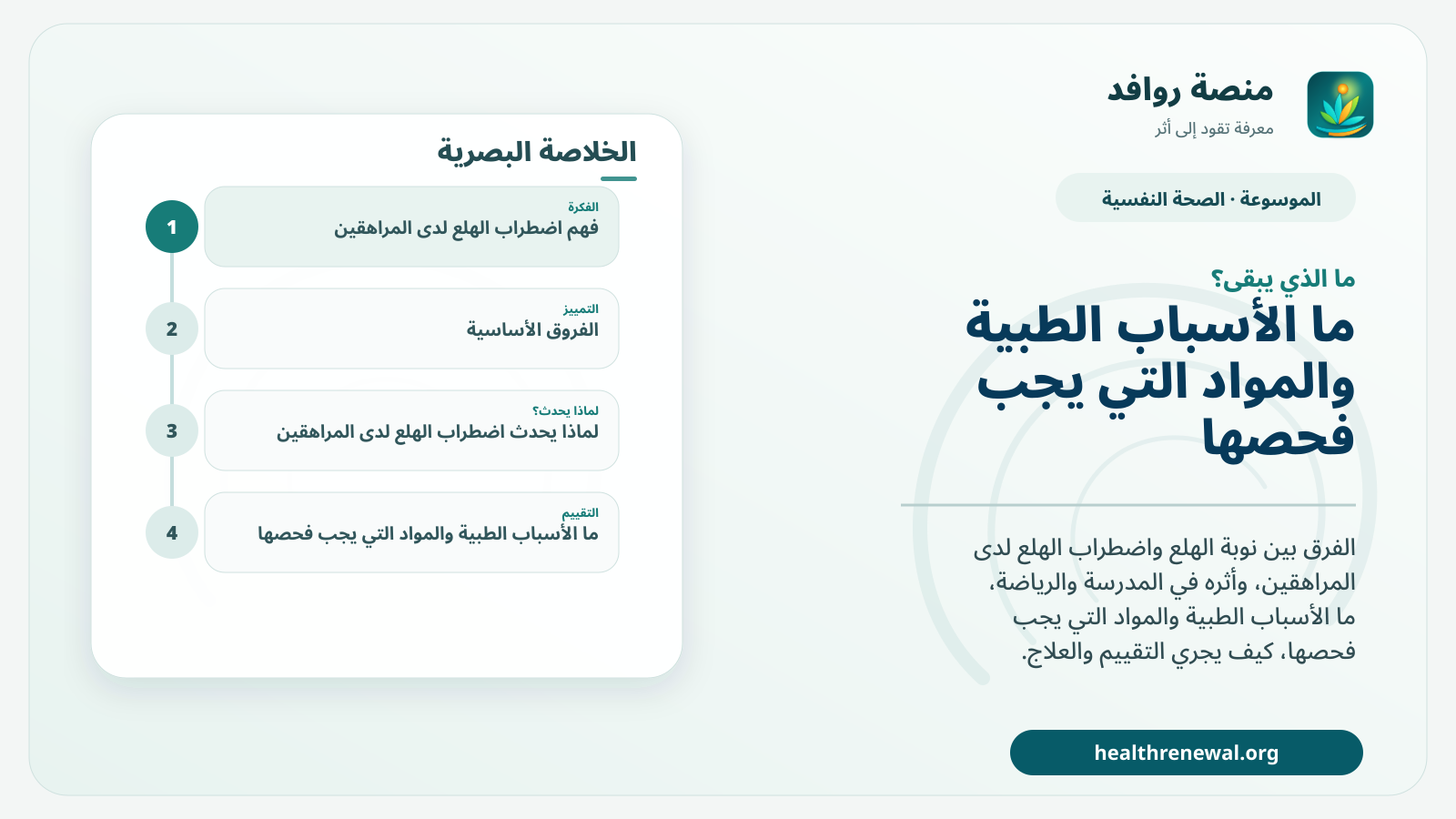 مخطط ختامي من منصة روافد يلخص «اضطراب الهلع لدى المراهقين: النوبات والتجنب والتقييم» ويعرض أهم المحاور والخطوات التالية