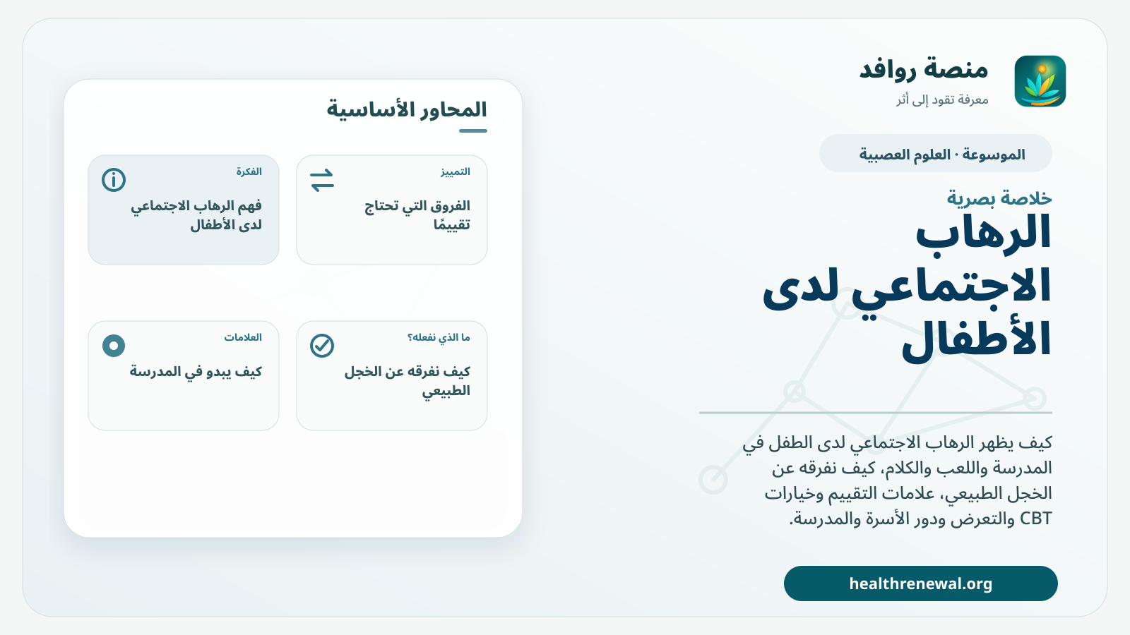 صورة بارزة من منصة روافد تلخص «الرهاب الاجتماعي لدى الأطفال: متى يتجاوز الخجل؟» بصريًا وفق محاور الصفحة الأساسية