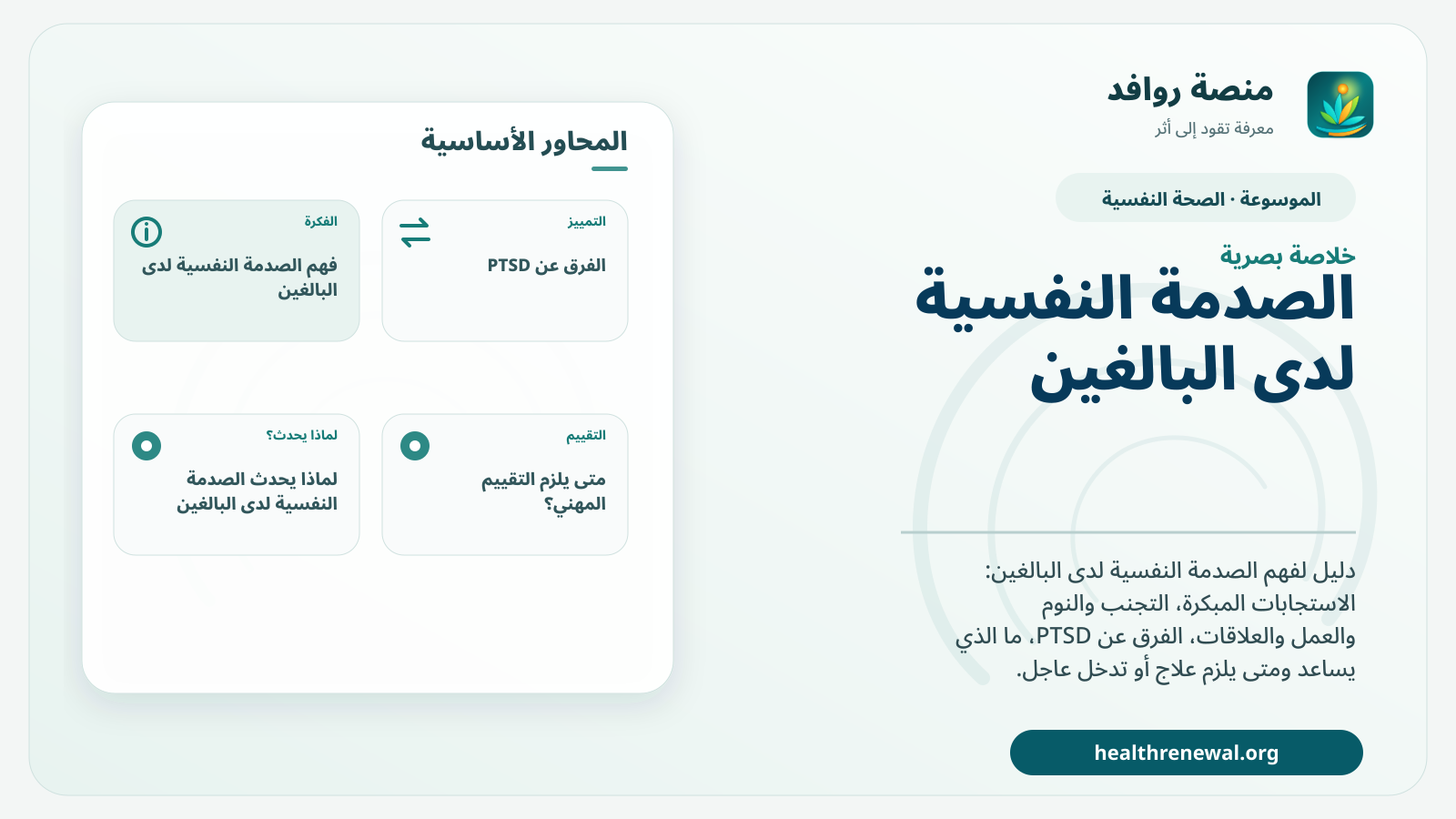 صورة بارزة من منصة روافد تلخص «الصدمة النفسية لدى البالغين: الاستجابات المبكرة ومتى يستمر الأثر؟» بصريًا وفق محاور الصفحة الأساسية
