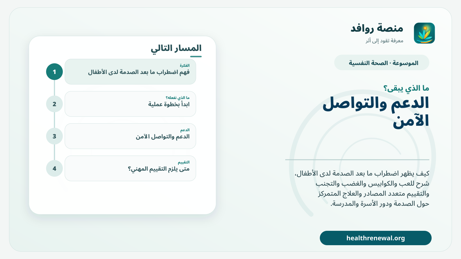 مخطط ختامي من منصة روافد يلخص «اضطراب ما بعد الصدمة لدى الأطفال: كيف يظهر وكيف يُقيّم؟» ويعرض أهم المحاور والخطوات التالية
