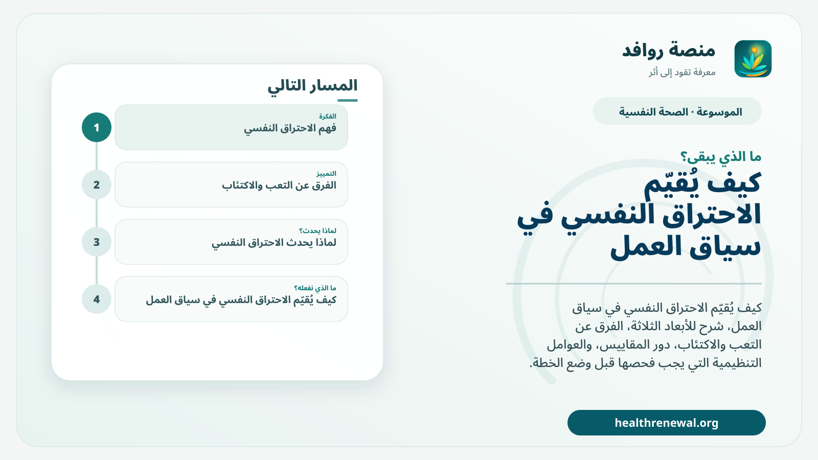 مخطط ختامي من منصة روافد يلخص «الاحتراق النفسي: كيف يجري التقييم وما الذي يجب استبعاده؟» ويعرض أهم المحاور والخطوات التالية