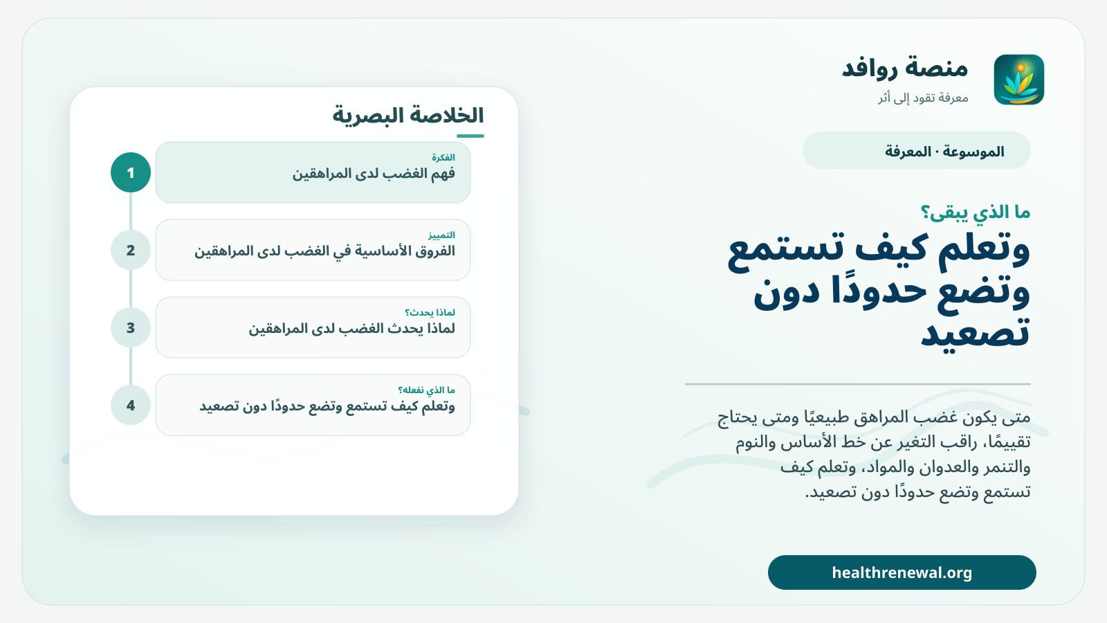مخطط ختامي من منصة روافد يلخص «الغضب لدى المراهقين: متى يكون انفعالًا طبيعيًا ومتى يصبح علامة تحتاج تقييمًا؟» ويعرض أهم المحاور والخطوات التالية