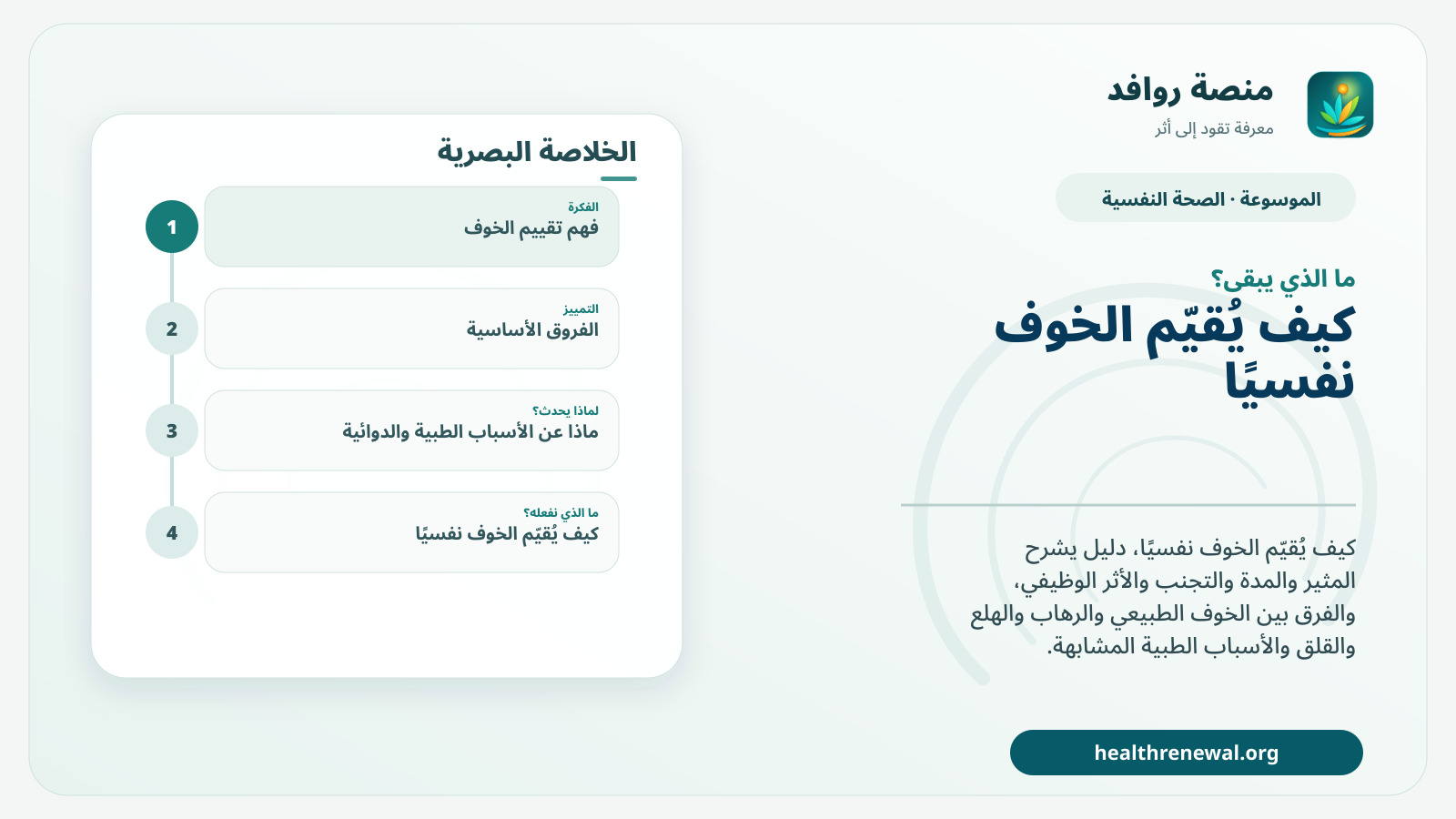 مخطط ختامي من منصة روافد يلخص «تقييم الخوف: متى يكون طبيعيًا ومتى يحتاج تقييمًا أعمق؟» ويعرض أهم المحاور والخطوات التالية